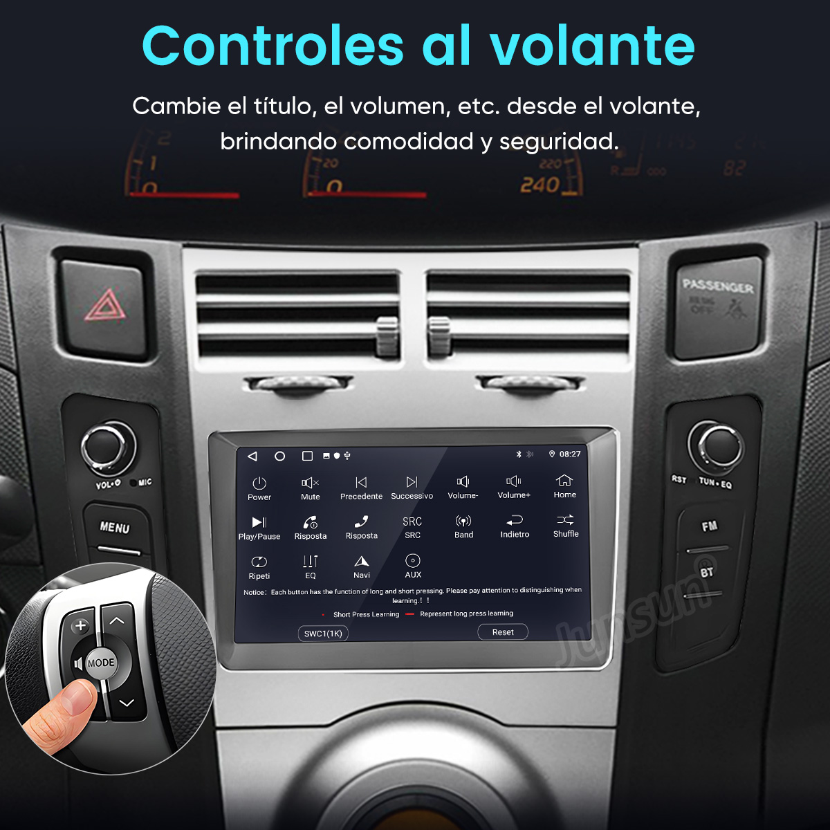 Interior de coche con pantalla multimedia táctil y controles en el volante.