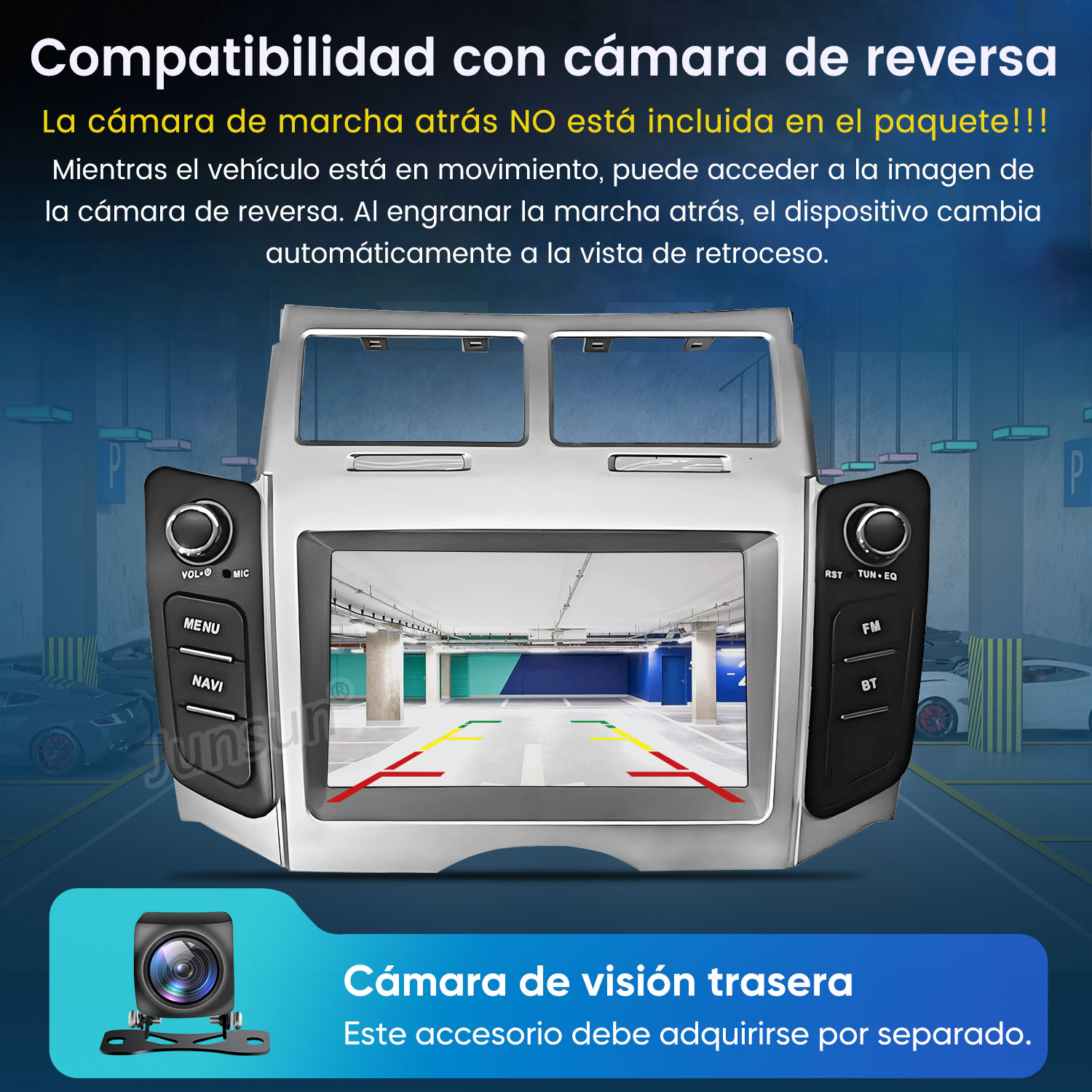 Autoradio con pantalla táctil muestra la vista de una cámara de marcha atrás.