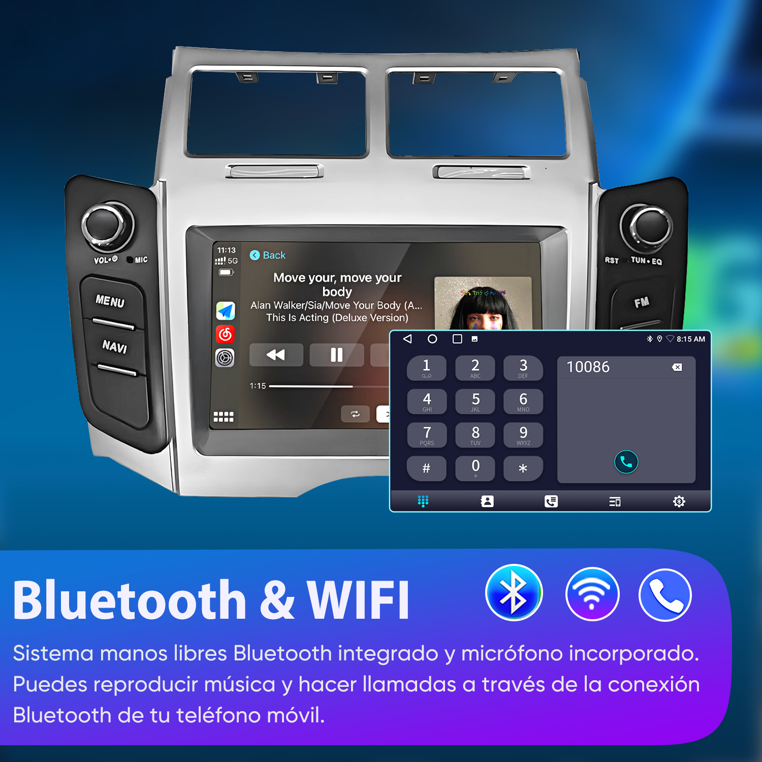 Estéreo de coche con interfaz de música y marcación telefónica, con Bluetooth y Wi-Fi.