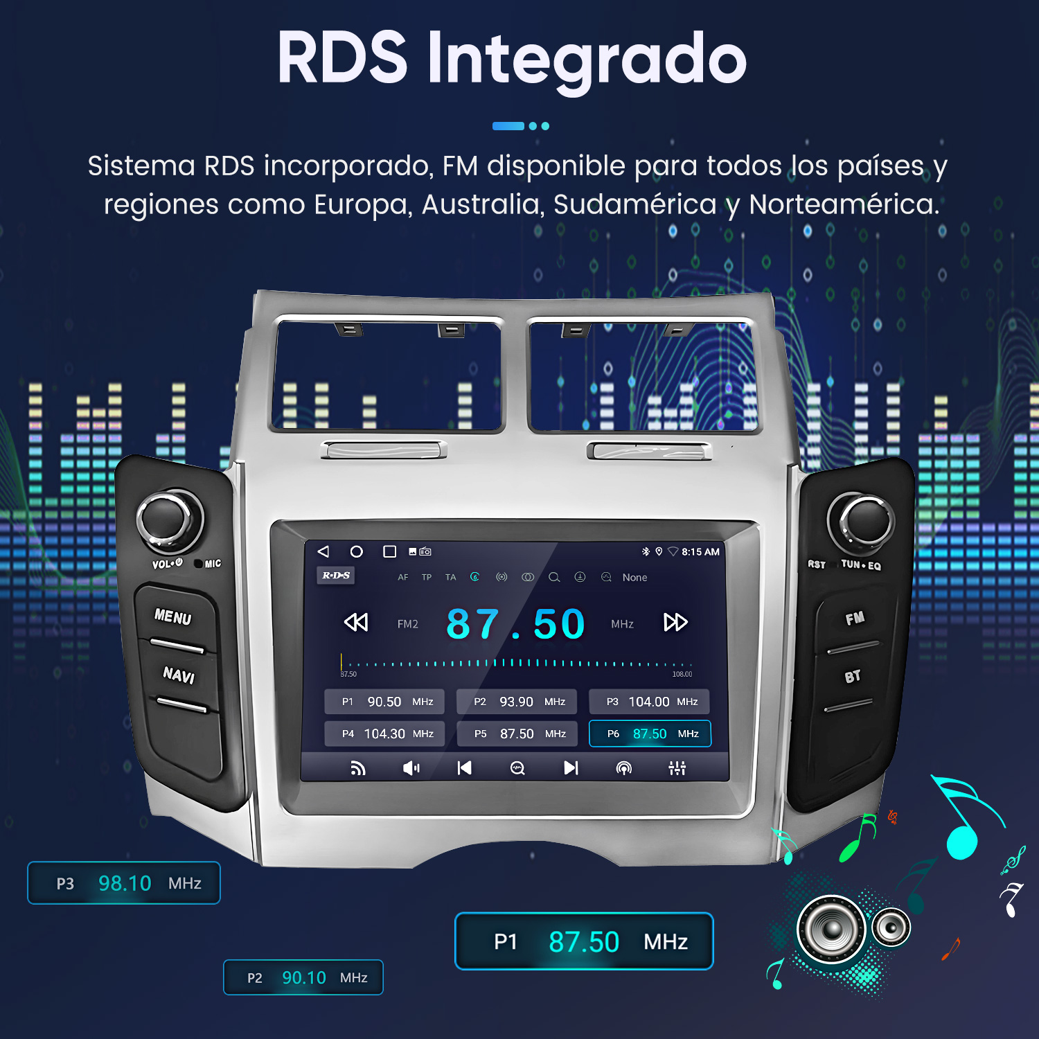 Radio de coche con pantalla táctil, sistema RDS y botones laterales sobre fondo azul.