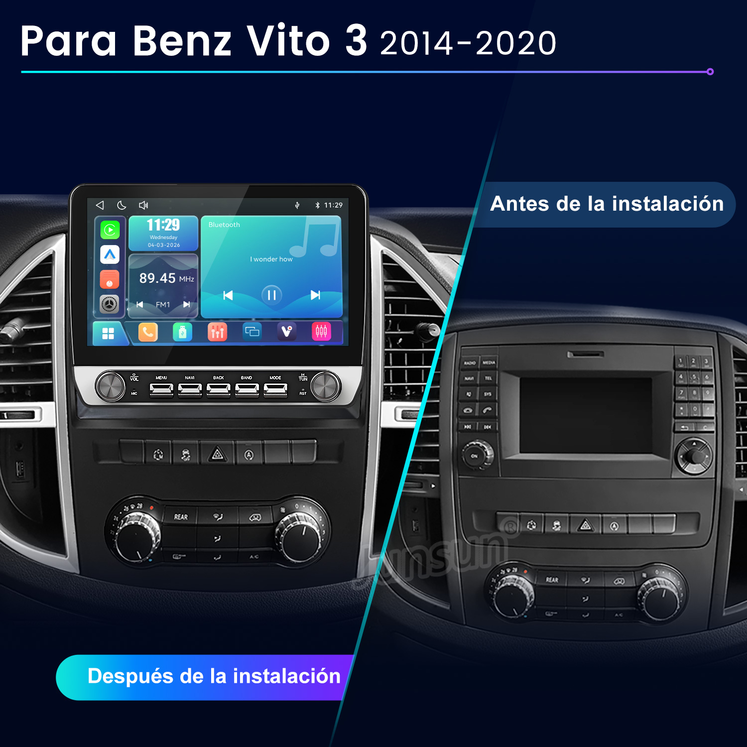 Comparación del tablero antes y después de instalar un sistema multimedia con pantalla táctil en un Benz Vito.