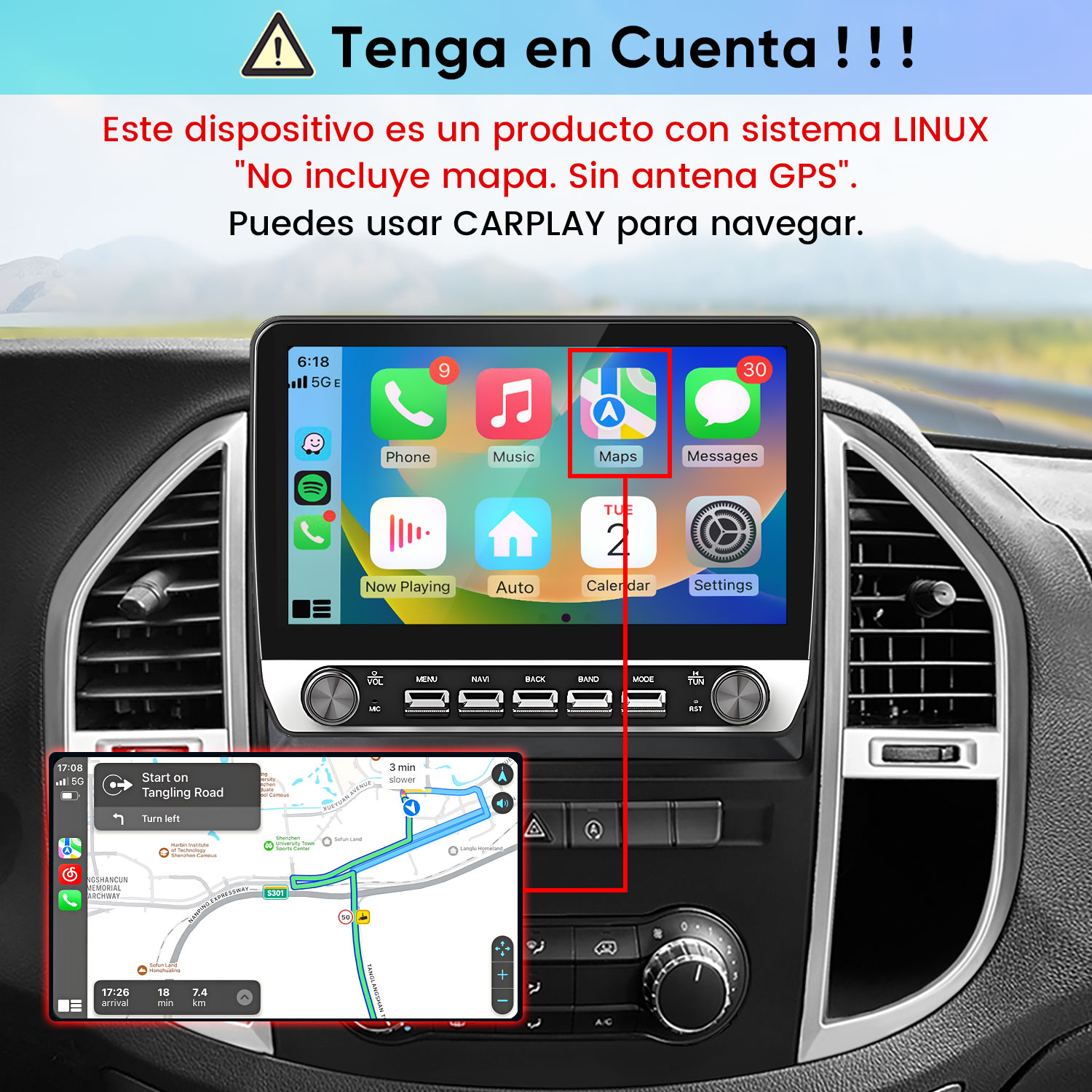 Salpicadero de coche con pantalla táctil e interfaz Linux, mostrando aplicación de mapas y navegación.