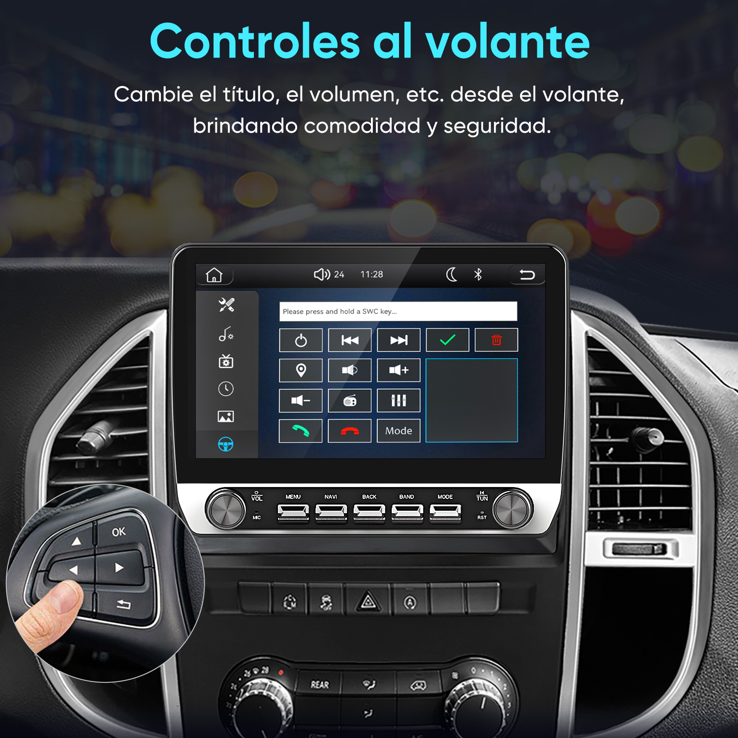 Tablero de coche con pantalla táctil multimedia y control en el volante.