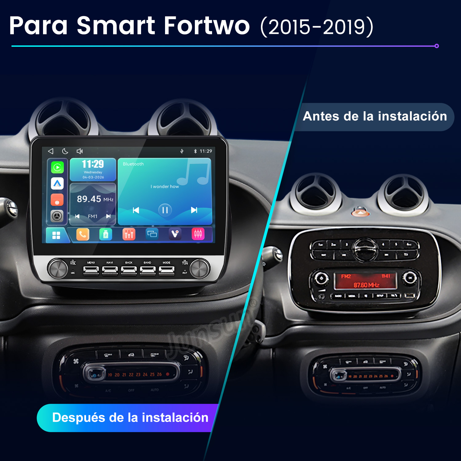 Salpicadero de Smart Fortwo antes y después de instalar un nuevo reproductor multimedia con pantalla táctil.