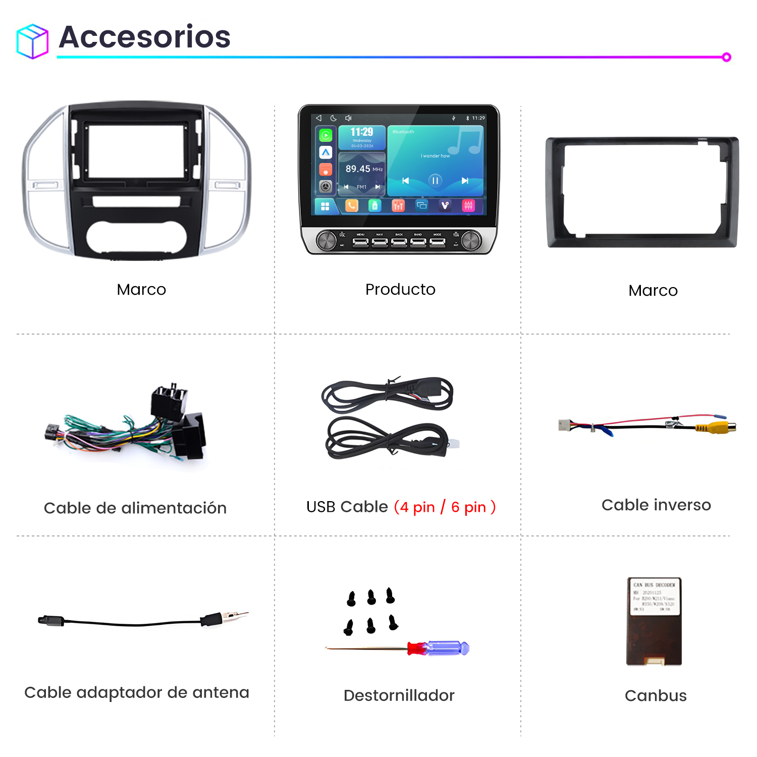 Cuadrícula con accesorios de radio para auto, incluyendo marcos, cables, destornillador y canbus.