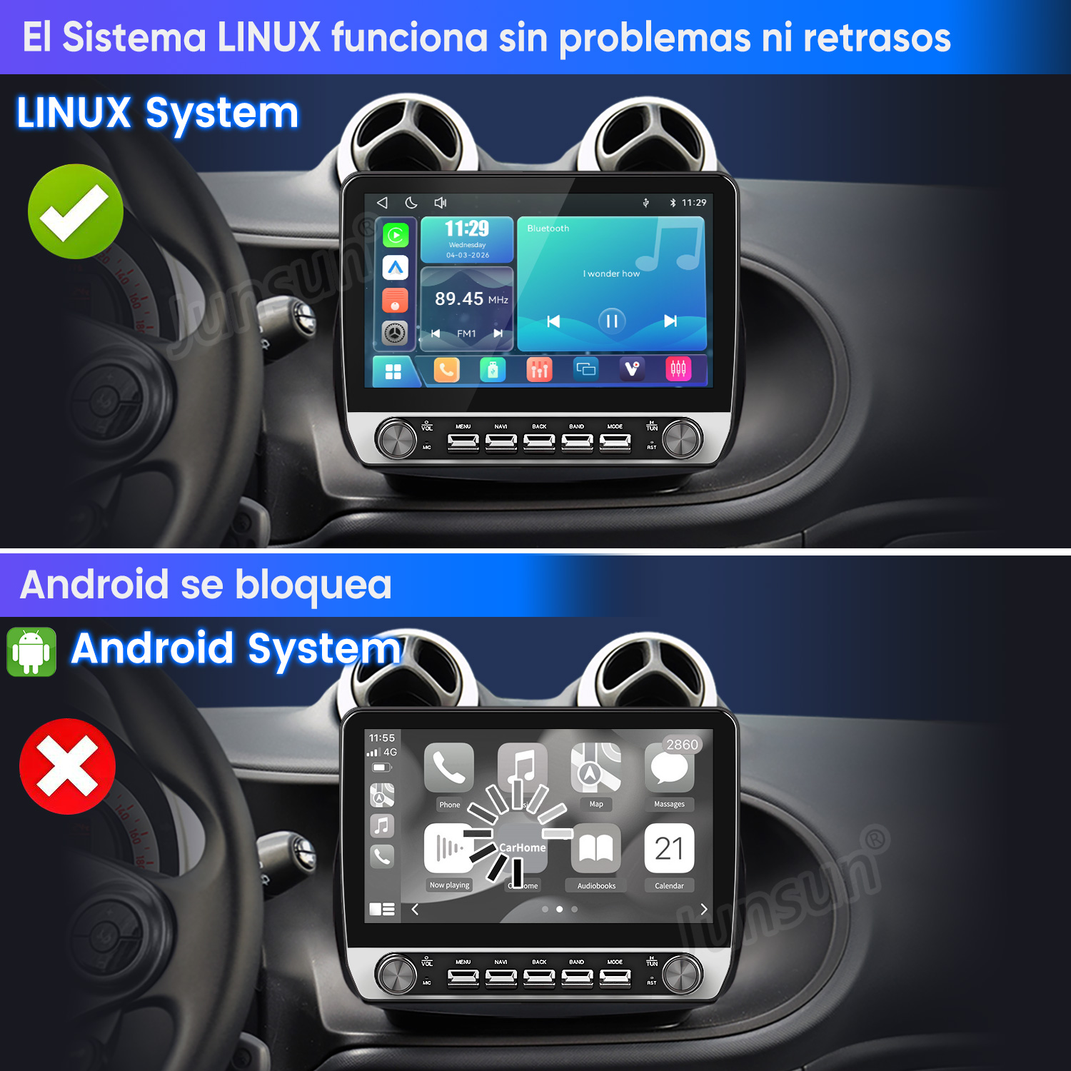Comparación de dos sistemas de coche: Linux funciona fluido, Android muestra carga.