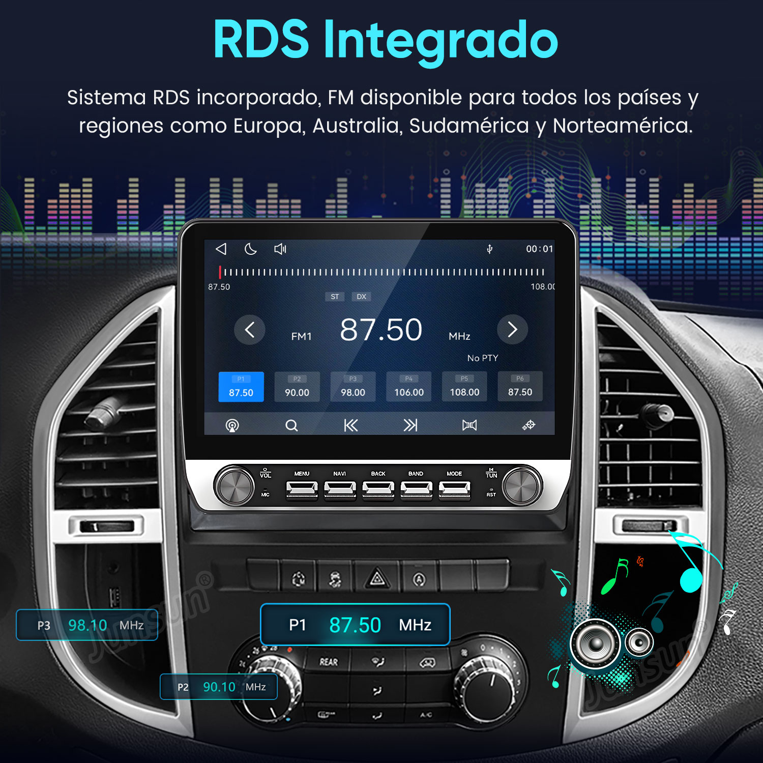 Sistema de audio para auto con pantalla táctil mostrando frecuencia FM 87.50 MHz.