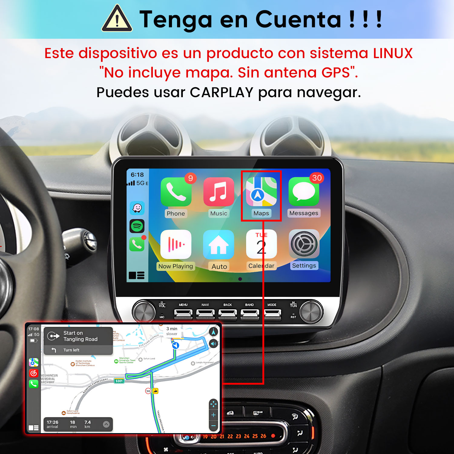 Un salpicadero de coche con una pantalla táctil digital que muestra iconos de aplicaciones y un mapa.