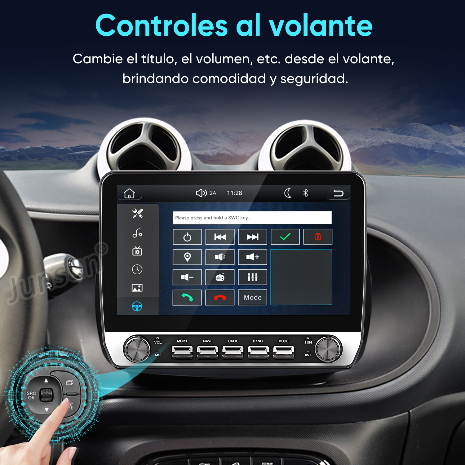 Pantalla táctil de auto con controles al volante, con montañas de fondo.