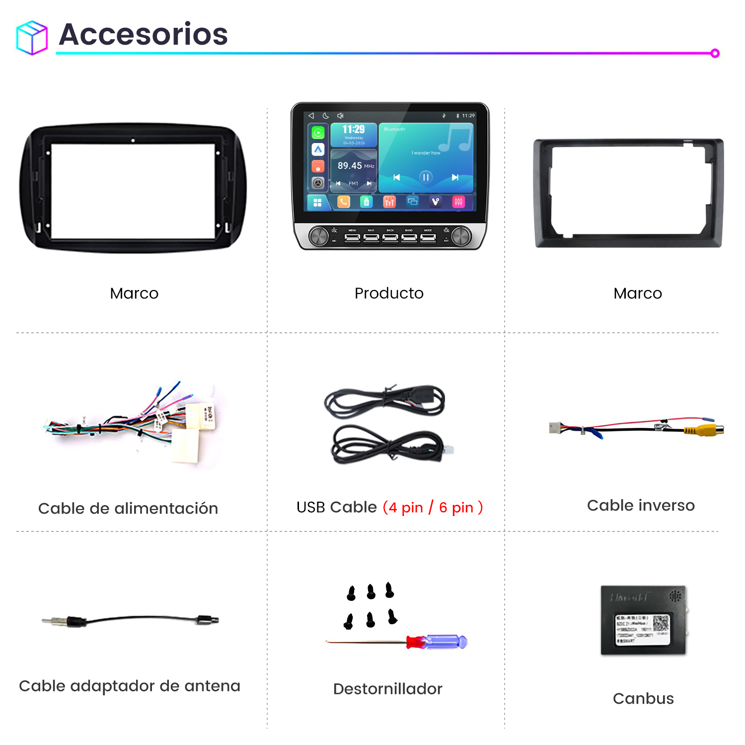Cuadrícula de accesorios para autoradio con marcos, pantalla, cables, cables USB y herramientas de instalación.