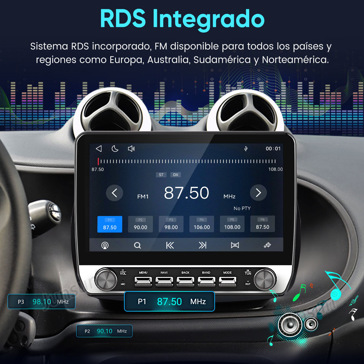 Pantalla de radio de coche con RDS, sintonización de 87.50 MHz y puertos USB en el interior del vehículo.