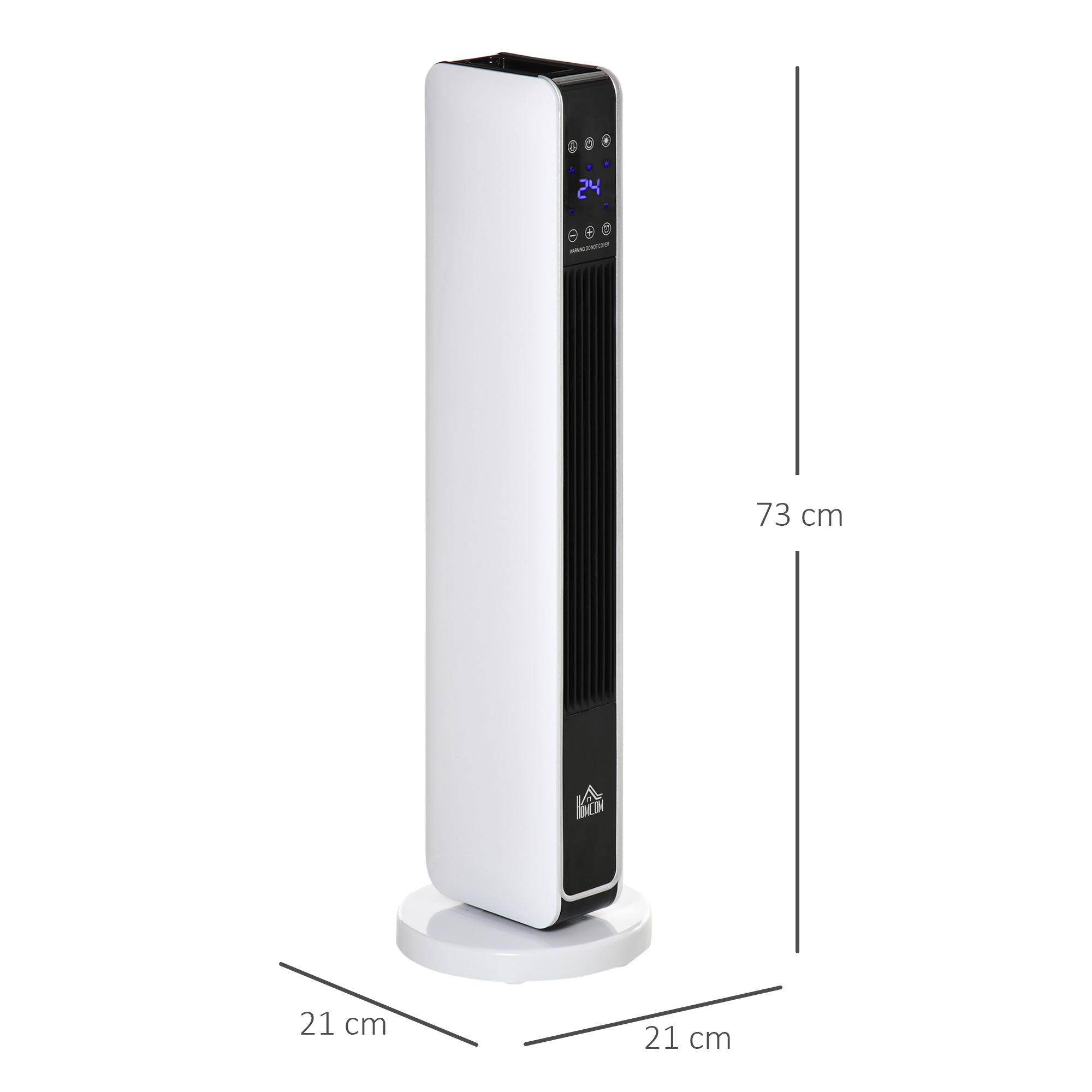 Un calefactor de torre blanco y negro con dimensiones indicadas de 73 cm de alto y 21 cm de ancho.