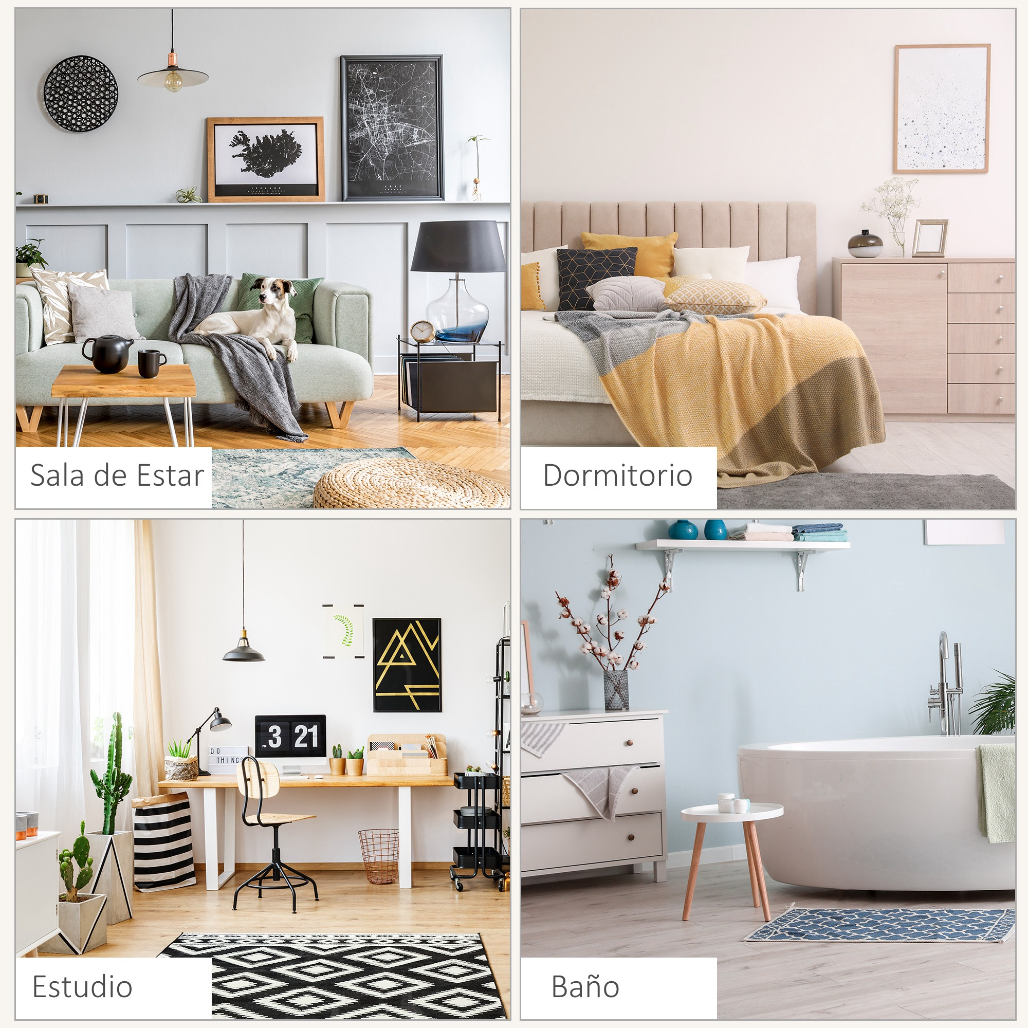 Collage de cuatro habitaciones modernas y elegantes: sala de estar, dormitorio, estudio y baño.