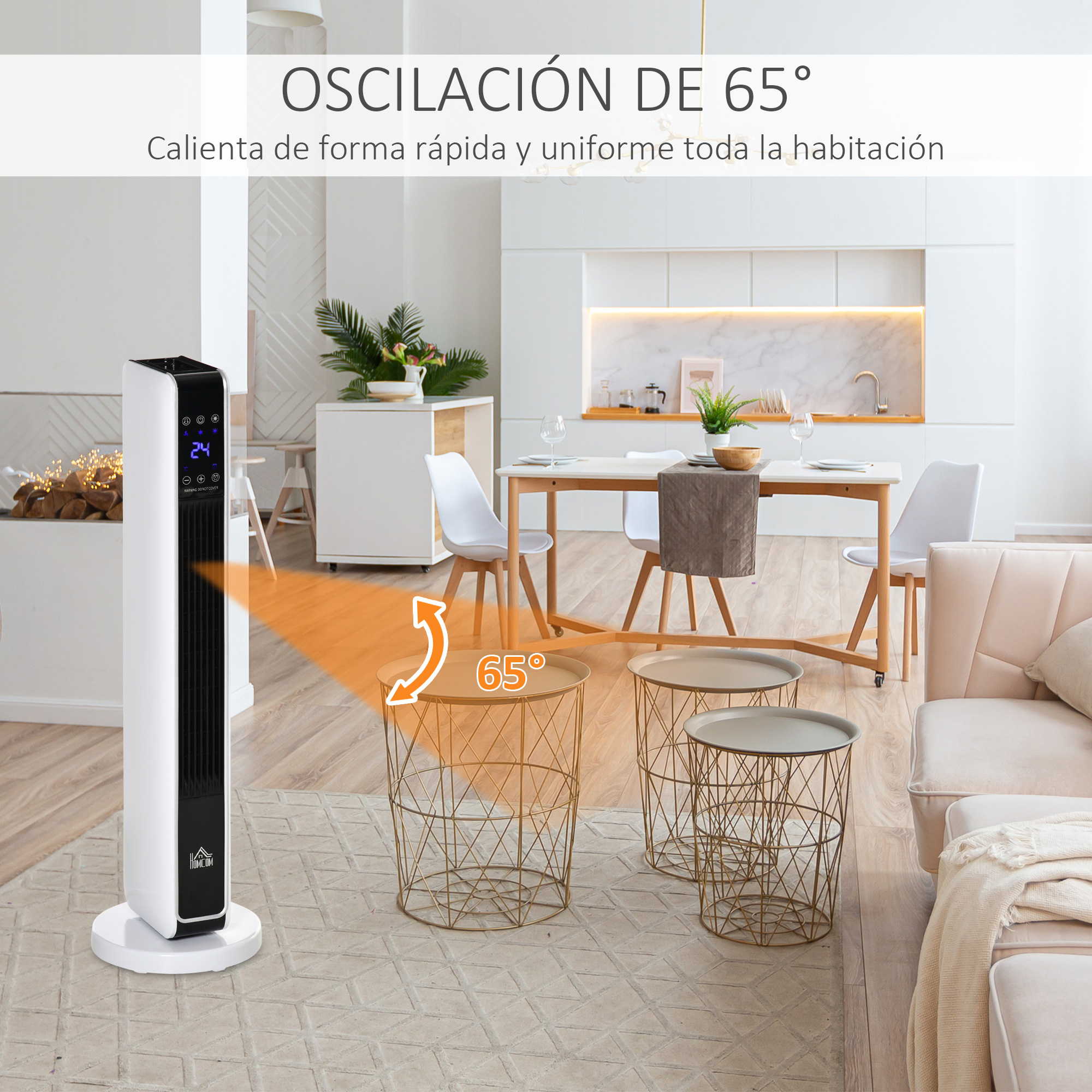 Un calefactor de torre blanco con oscilación de 65 grados en una sala moderna.