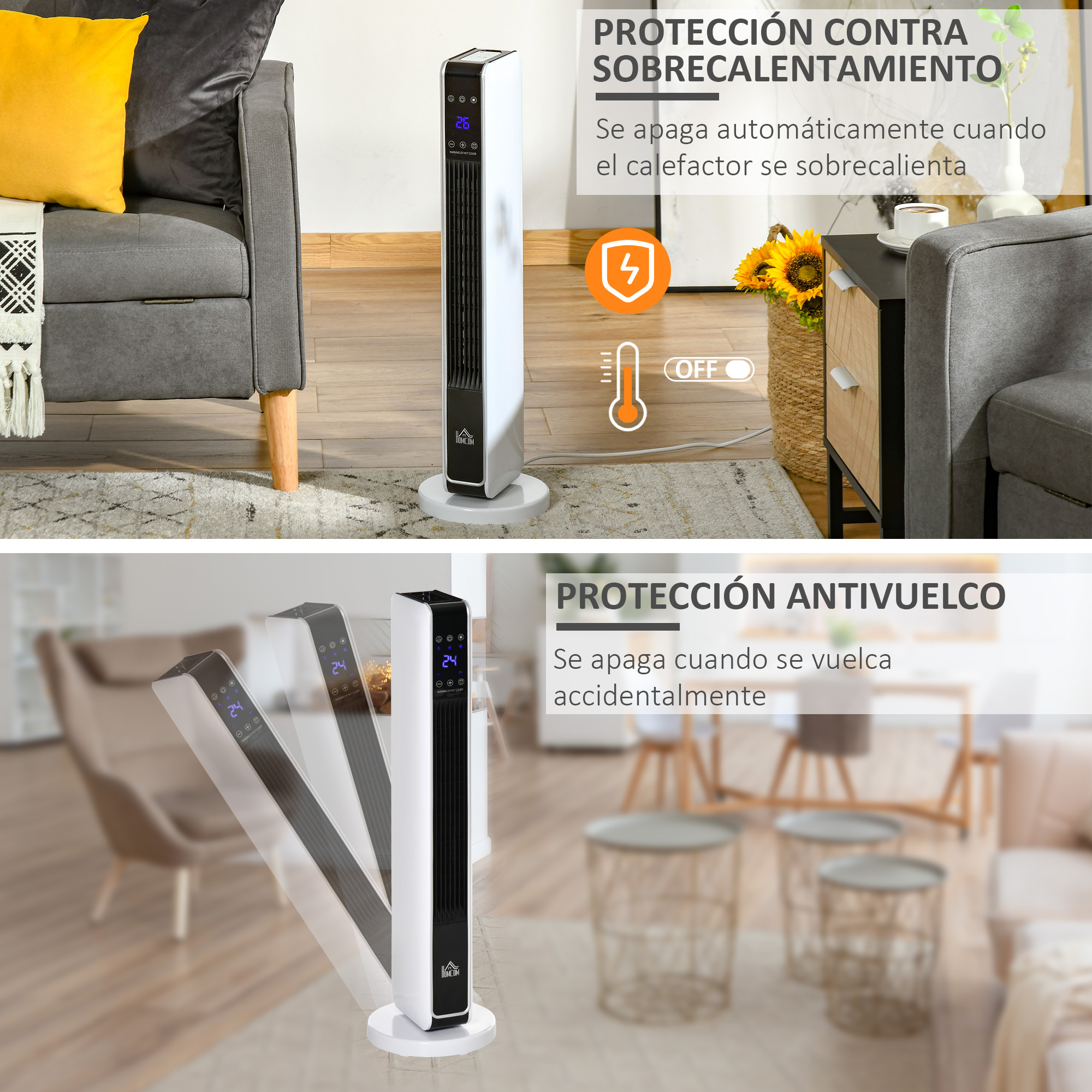 Un calefactor de torre blanco en una sala, destacando protección contra sobrecalentamiento y vuelcos.