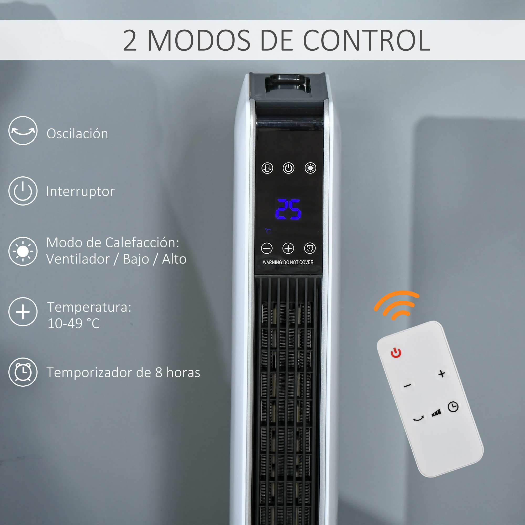 Calefactor de torre con pantalla digital, control remoto e iconos.