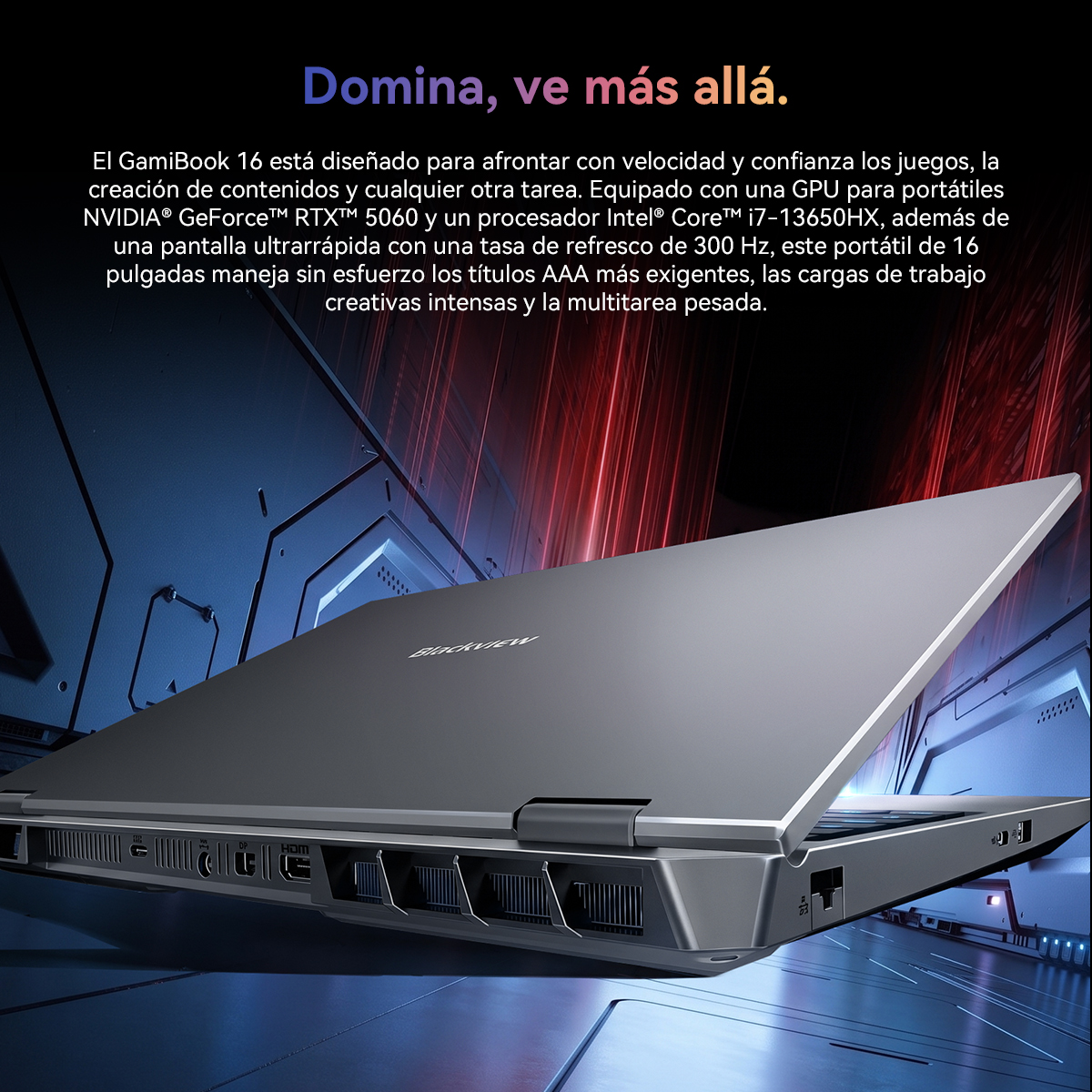 Un portátil gris Blackview GamiBook 16 sobre un fondo futurista azul y rojo con texto en español.