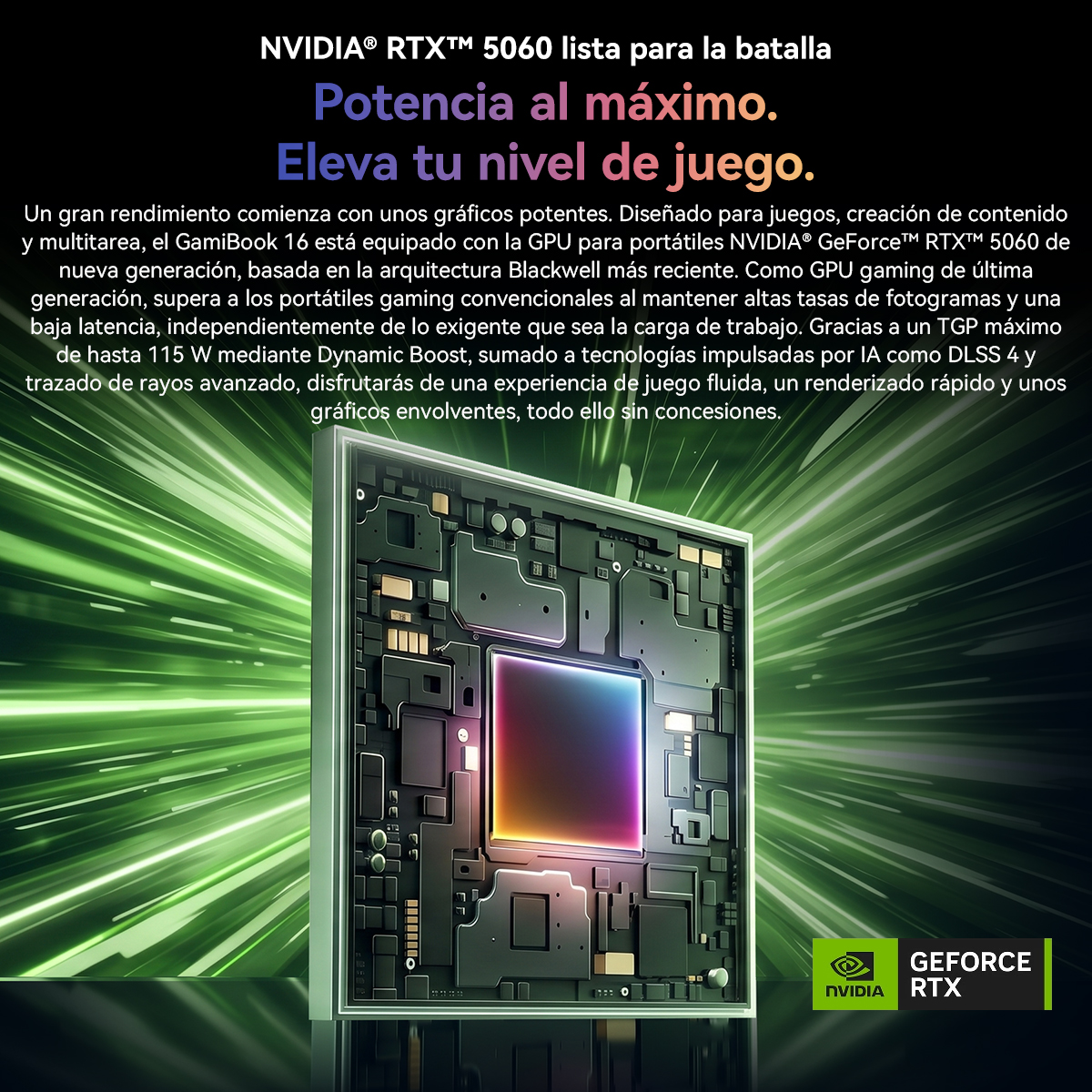 Tarjeta gráfica NVIDIA RTX 5060 con un chip negro detallado sobre fondo verde y texto.