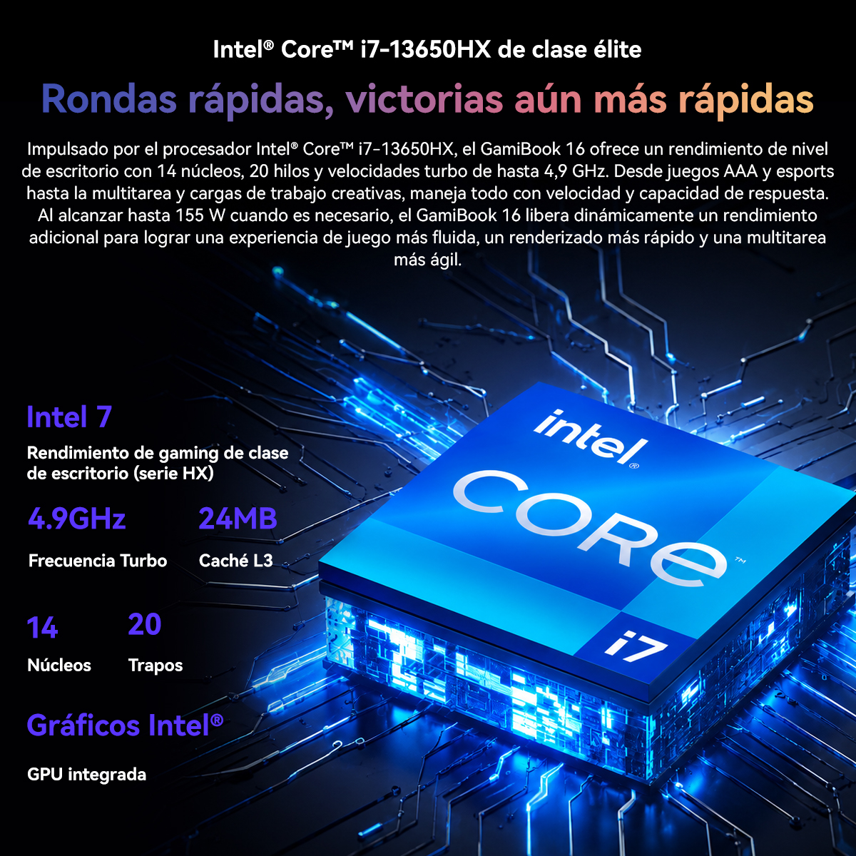 Procesador Intel Core i7 en una placa de circuito azul con especificaciones.