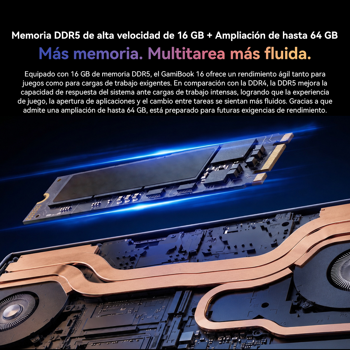 Un módulo SSD M.2 flotando sobre la placa base de una computadora portátil con tubos de cobre y ventiladores, y texto.
