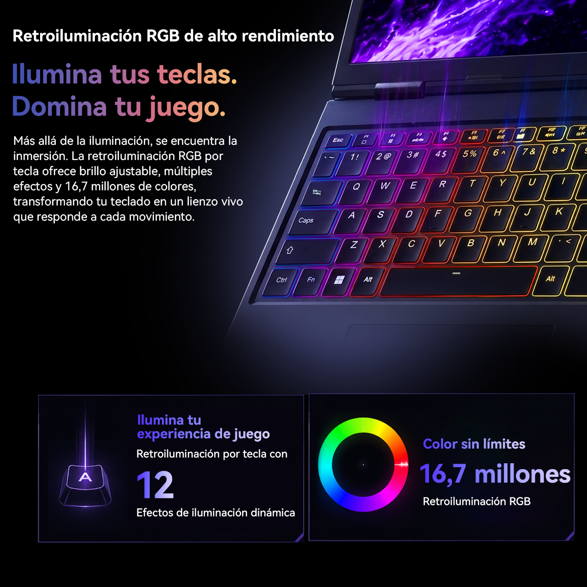 Teclado de laptop gamer con vibrante retroiluminación RGB, texto promocional en español y características.