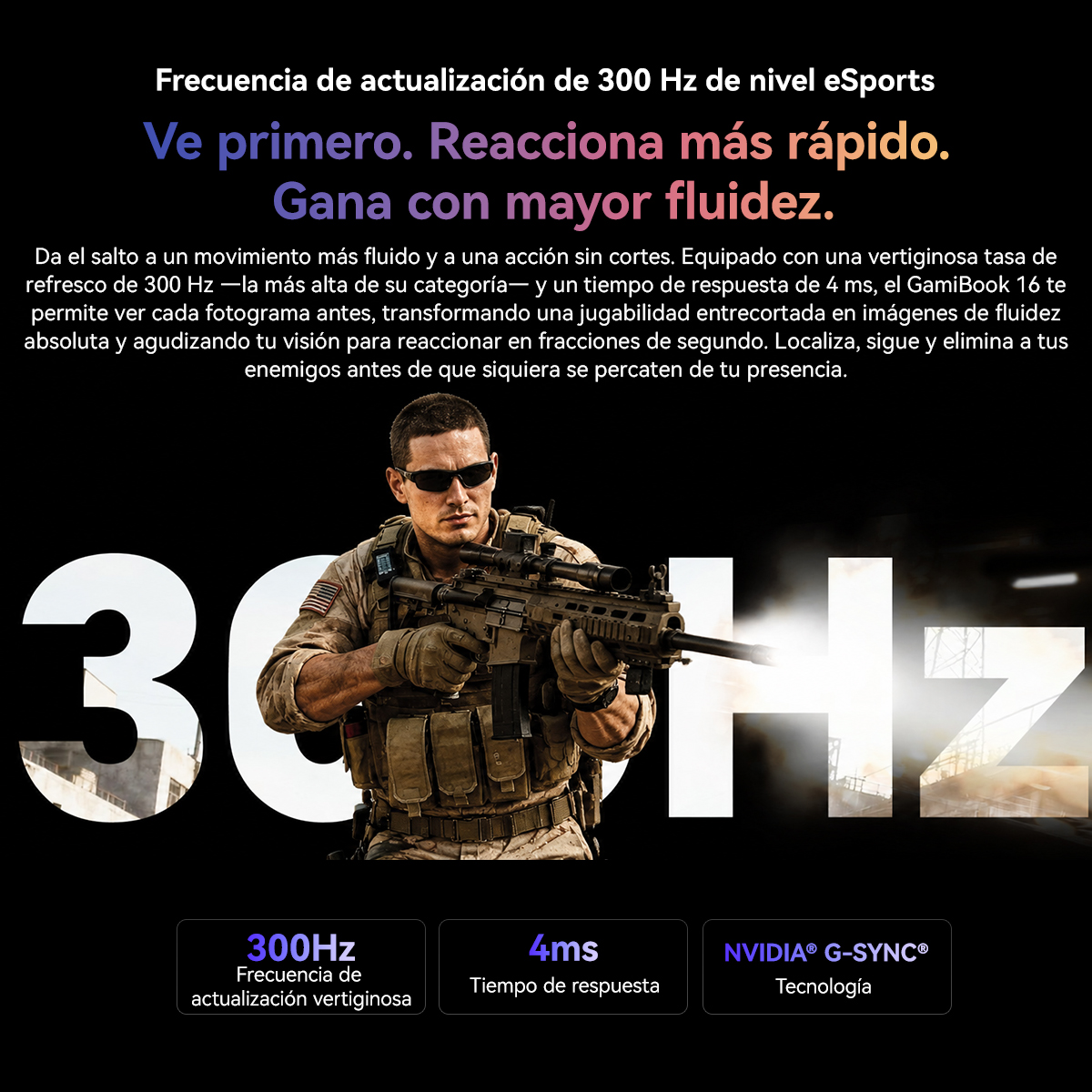 Un soldado con fusil de asalto frente al texto 300Hz y texto publicitario en español.