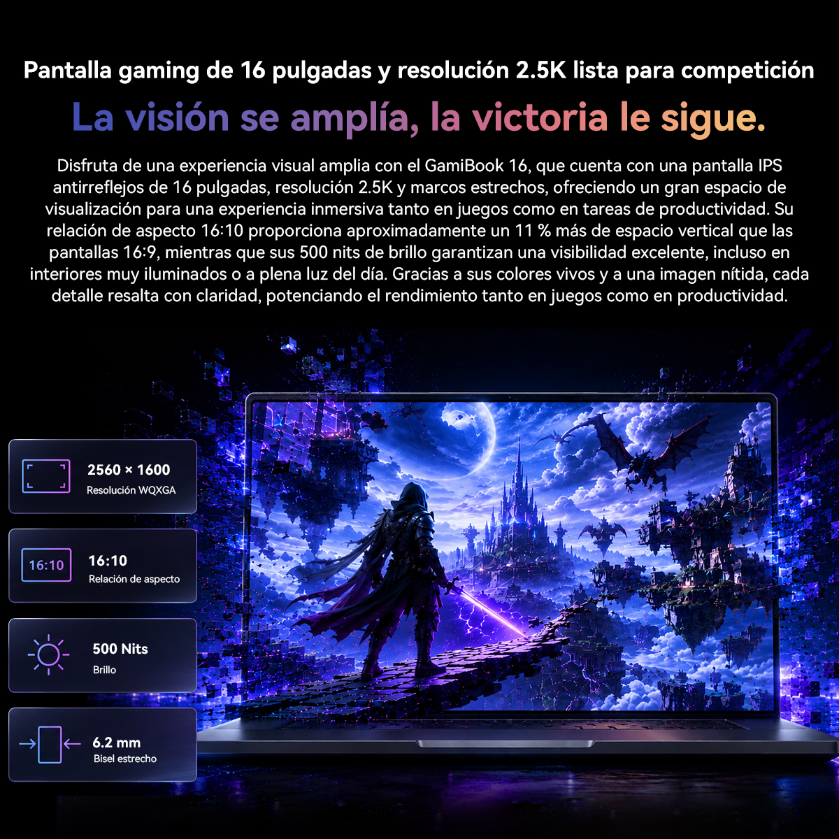Portátil con pantalla de 16 pulgadas que muestra un juego de fantasía y especificaciones.