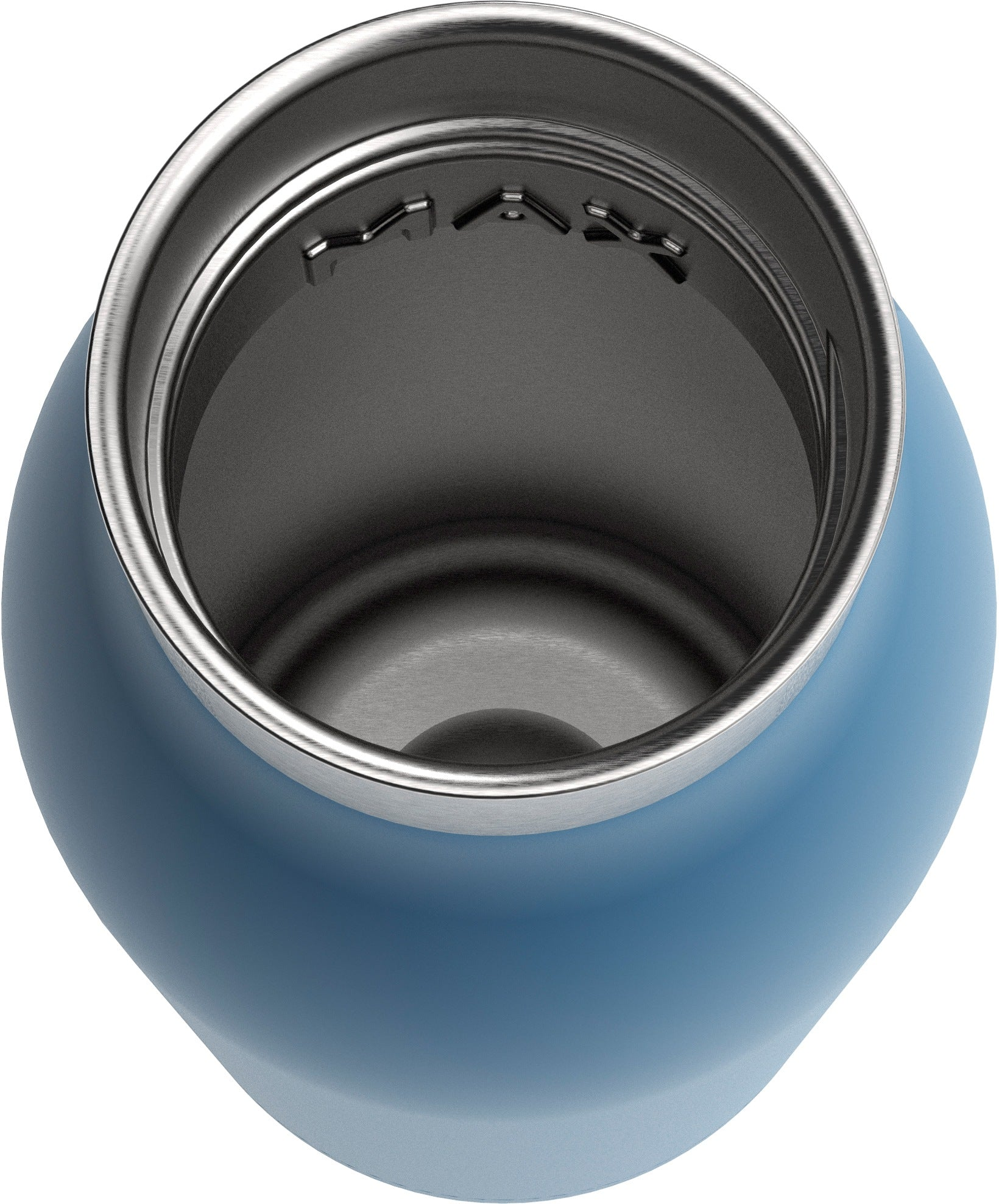 Blick von oben in eine blaue Isolierflasche mit Edelstahlrand und der Aufschrift MAX im Inneren.