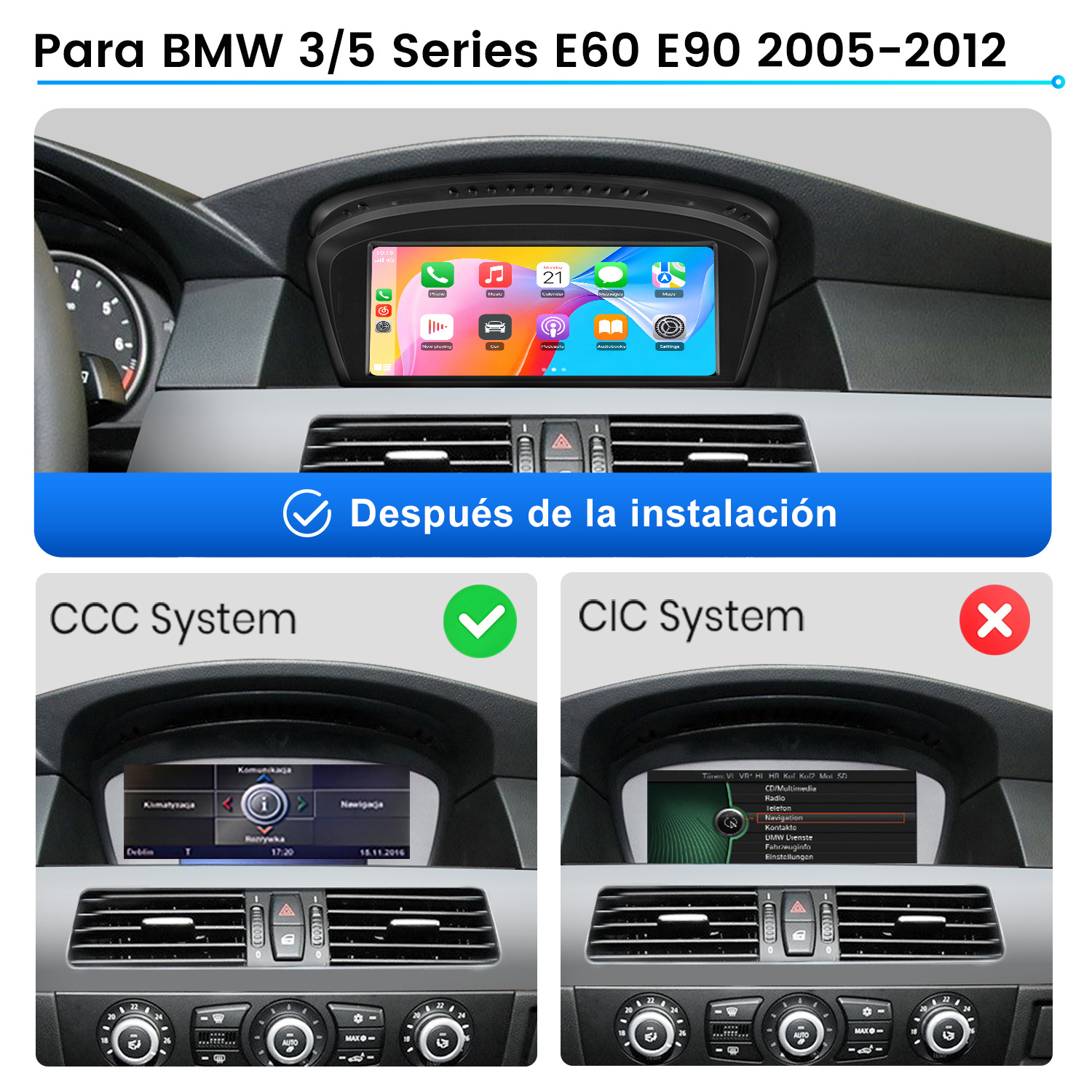 Comparación de instalación en coche de sistemas BMW con pantalla táctil.
