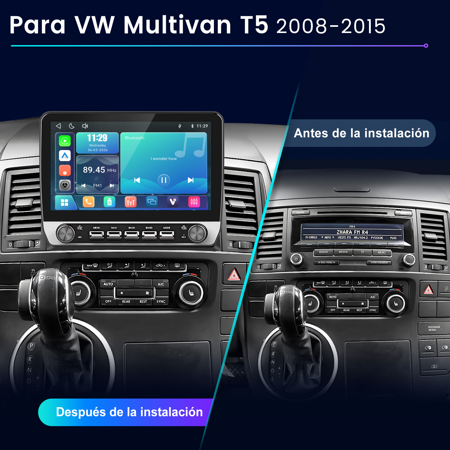 Comparación del salpicadero de un VW Multivan T5 antes y después de instalar un nuevo sistema multimedia.