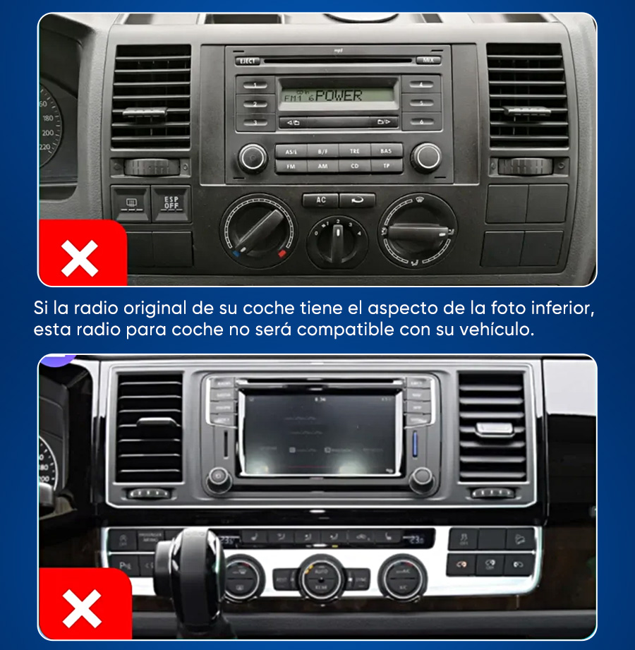 Comparación de dos paneles diferentes de radio y aire acondicionado con símbolos X rojos.