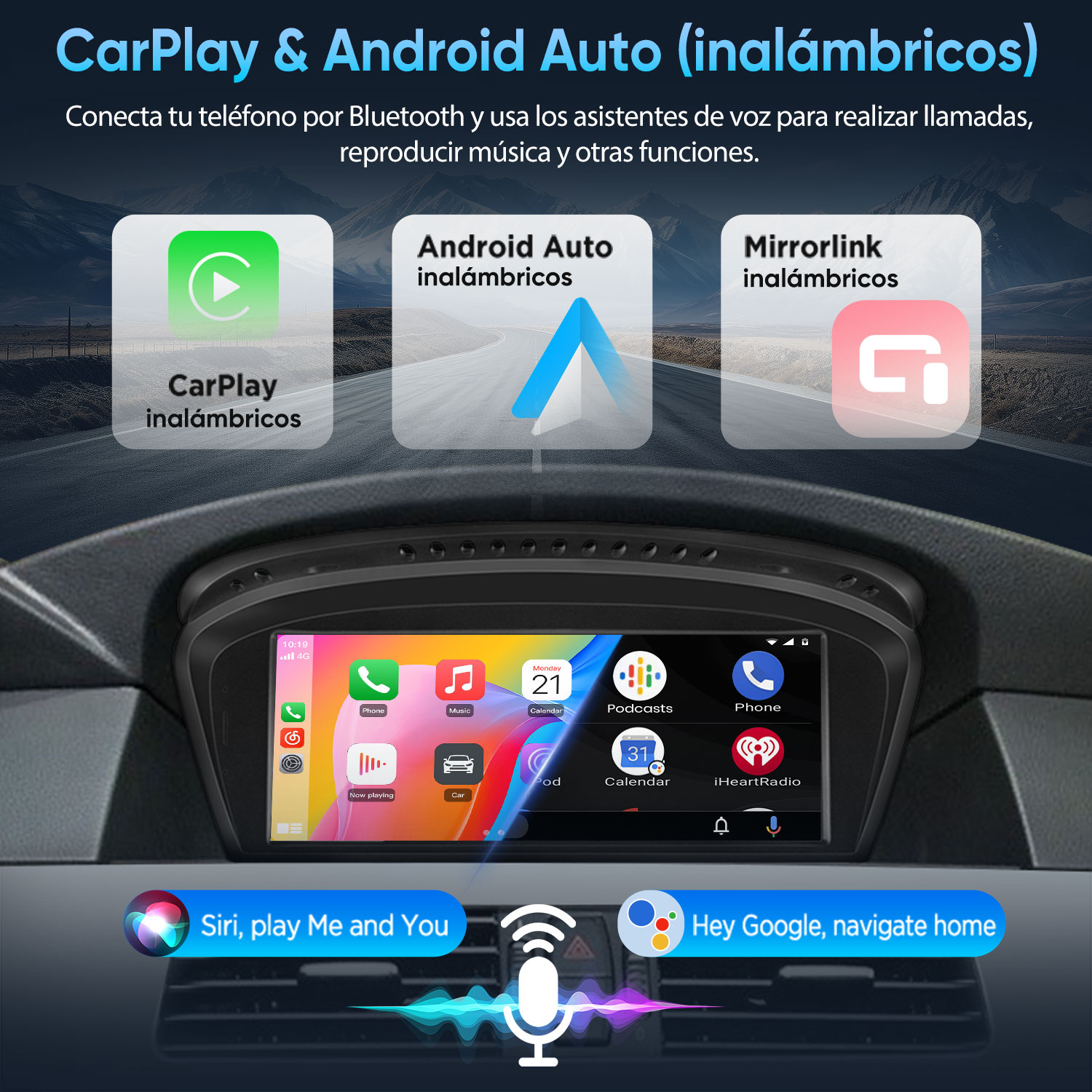Salpicadero con pantalla táctil para CarPlay y Android Auto sobre fondo de carretera montañosa.