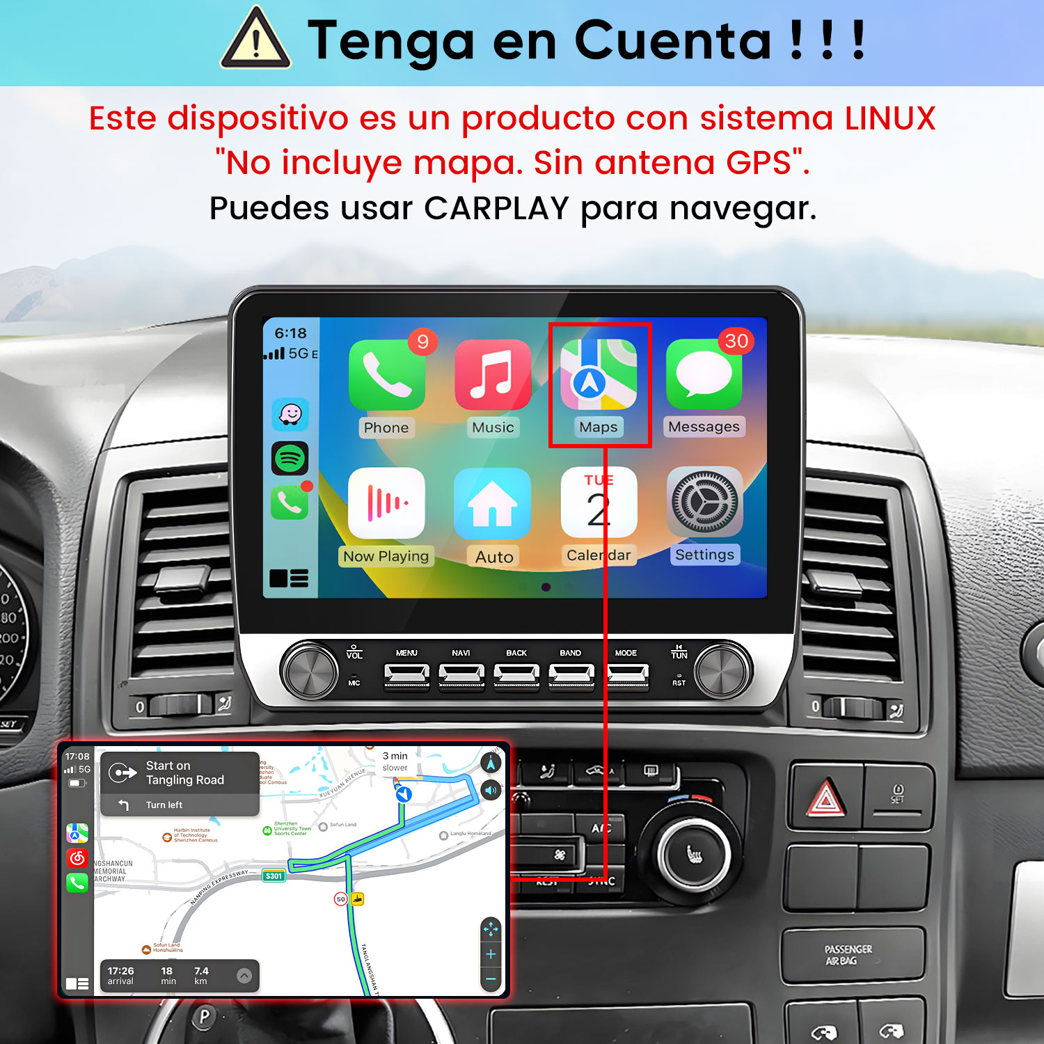 Un tablero de coche con pantalla táctil interfaz CarPlay y texto de advertencia en español.