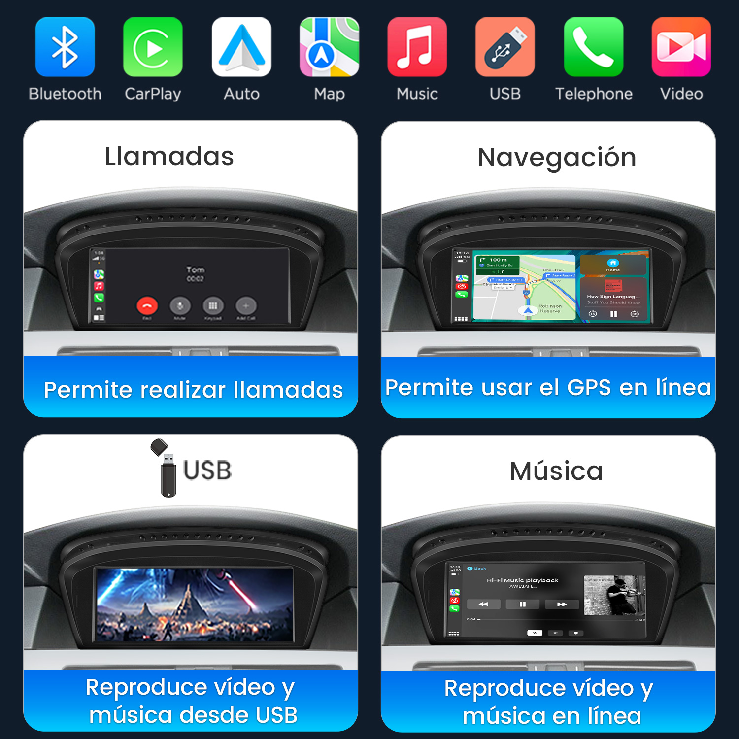 Pantalla de coche con funciones como navegación, música, llamadas y reproducción USB en cuatro paneles.