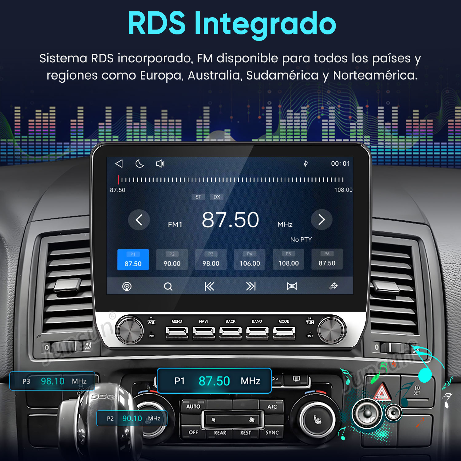 Un salpicadero de coche con pantalla de infoentretenimiento que muestra una frecuencia de radio FM de 87.50 MHz con RDS.