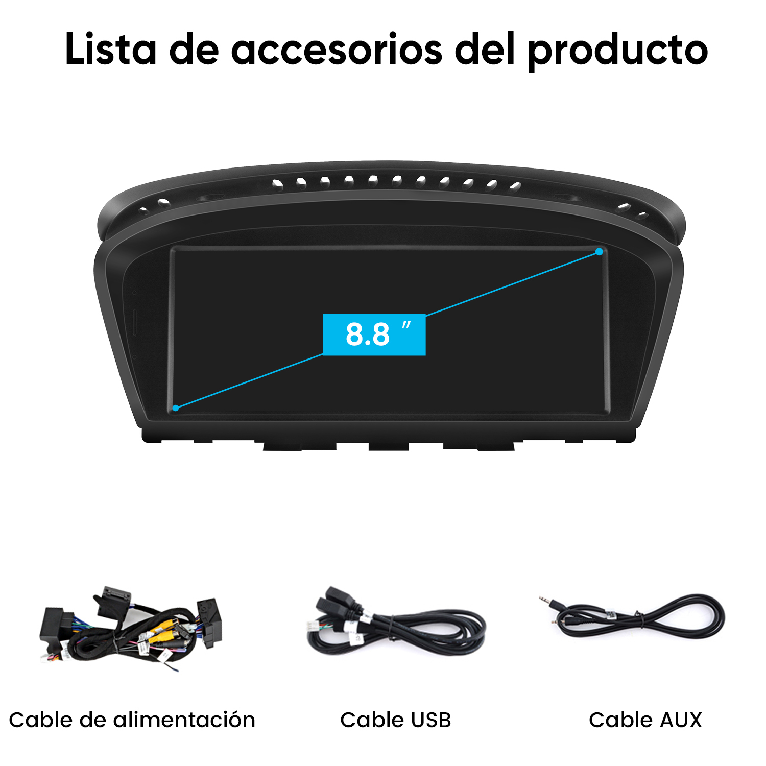 Pantalla de coche de 8.8 pulgadas con cables de alimentación, USB y AUX.