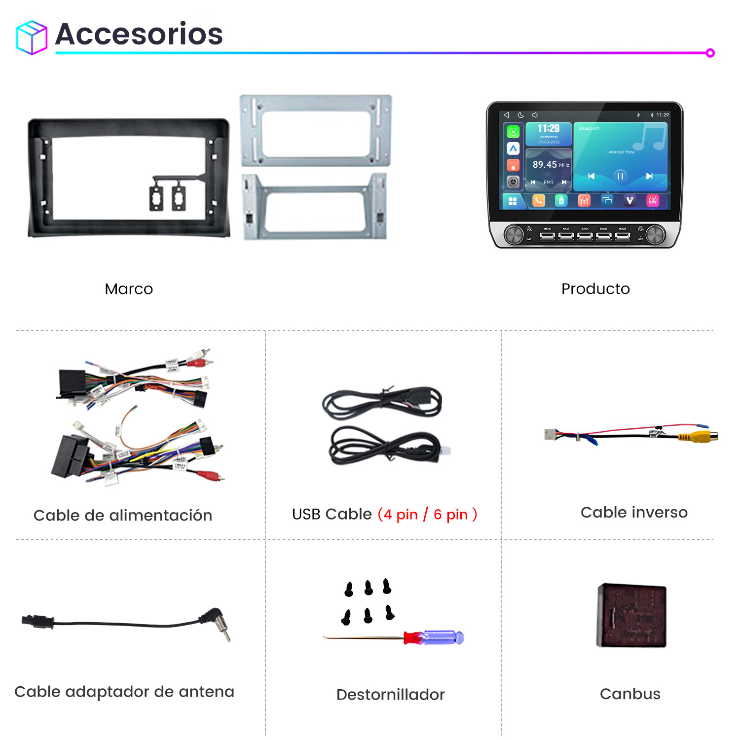 Accesorios de autoradio incluyendo marco, pantalla, cables, USB, adaptador de antena, tornillos y Canbus.