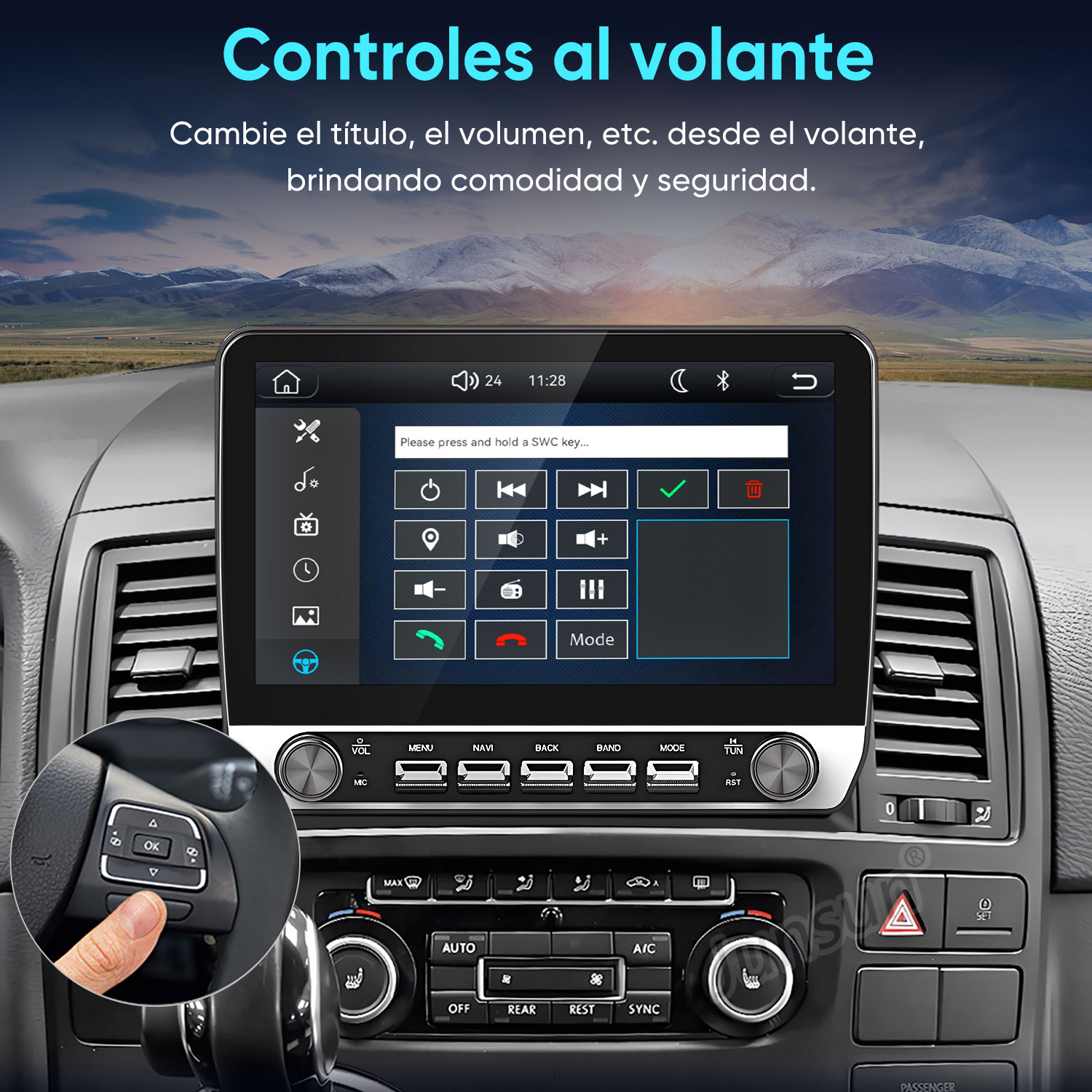Pantalla de coche con menú de control en el volante y botones.