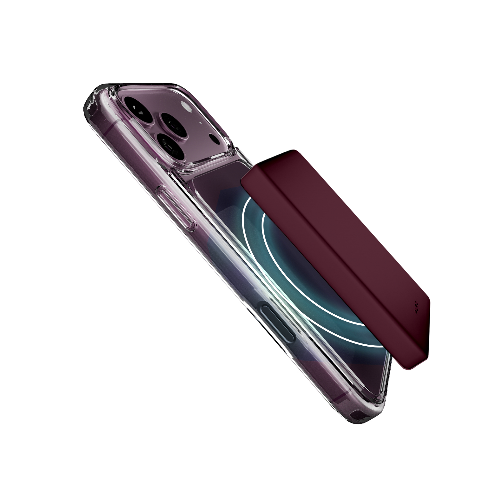 Un smartphone morado en una funda transparente con un power bank rojo oscuro adjunto sobre un fondo blanco.