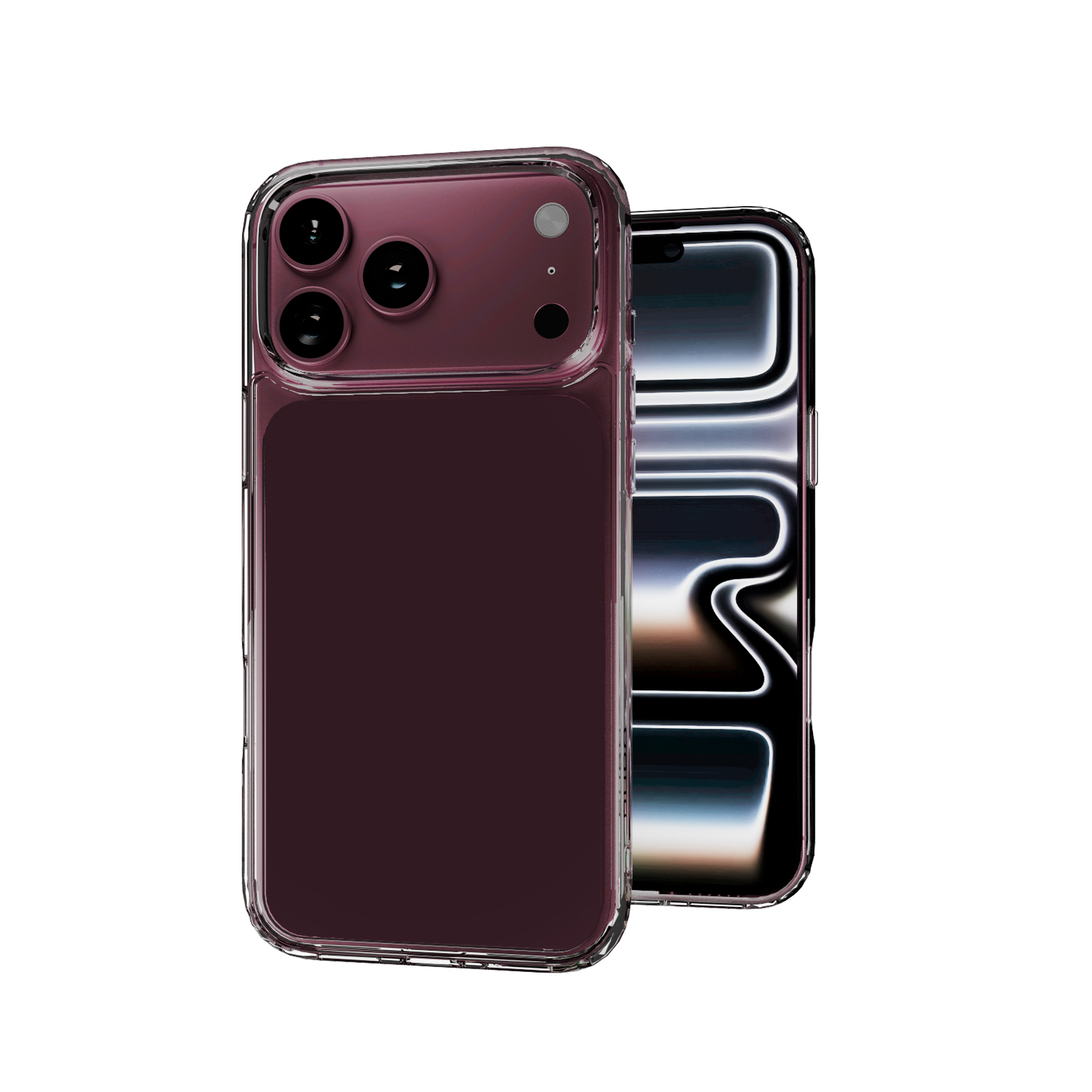 Smartphone rojo oscuro con funda protectora transparente, vistas trasera y delantera sobre fondo blanco.