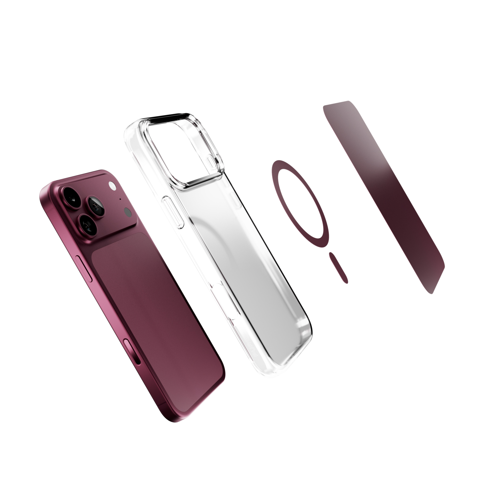 Vista explosionada de un teléfono burdeos, funda transparente, anillo magnético y tira sobre fondo blanco.