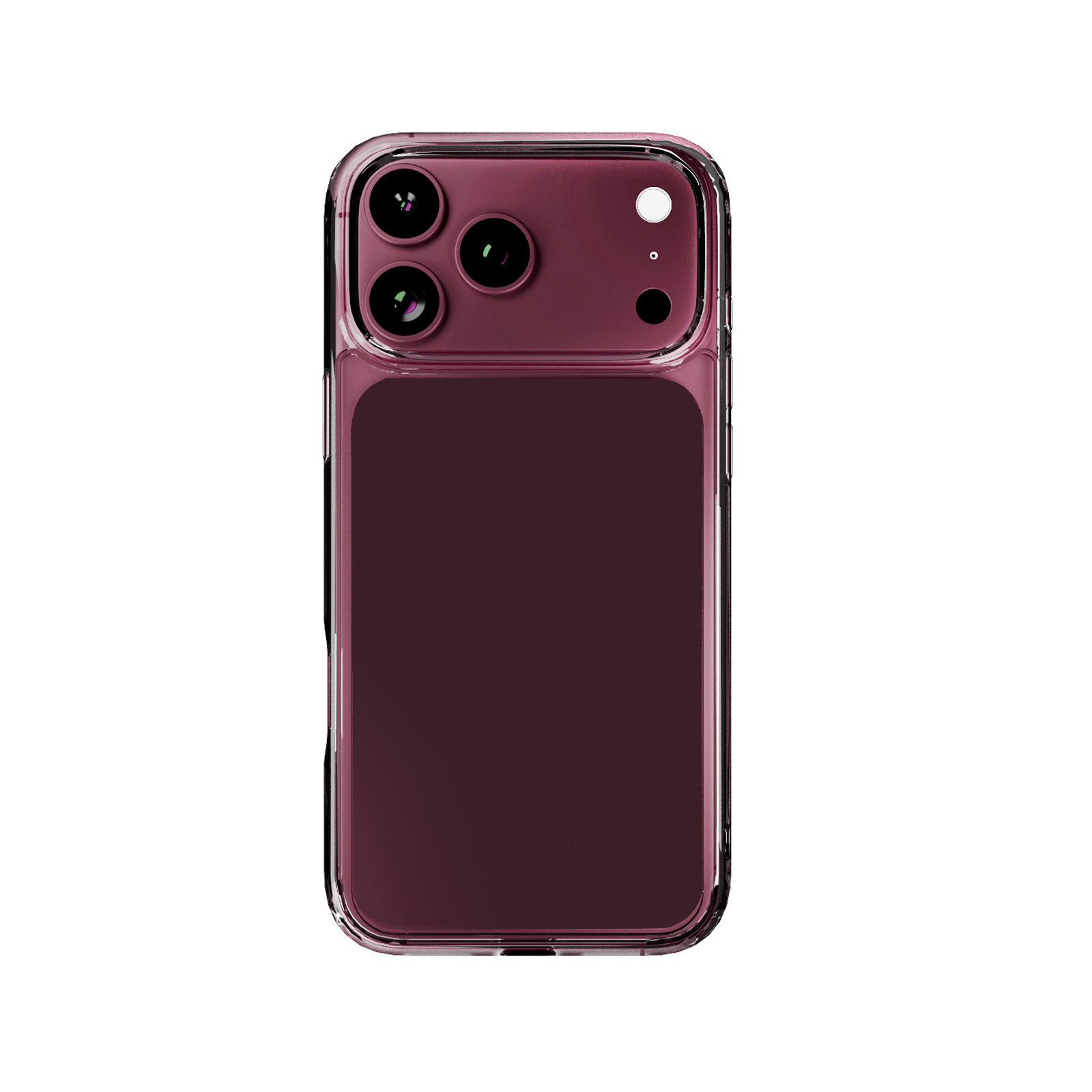 Parte trasera de un smartphone morado en funda protectora transparente, con triple cámara.