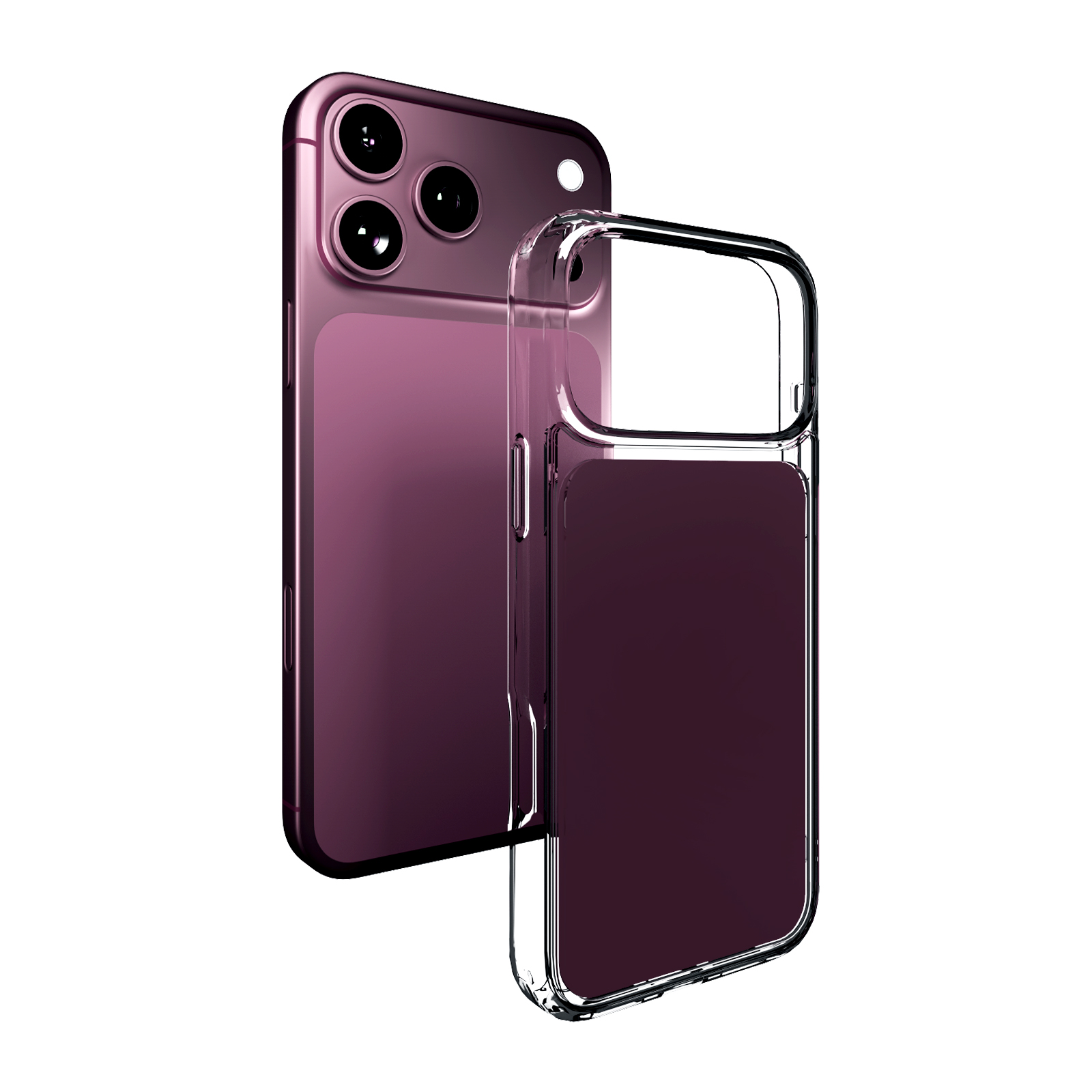 Un smartphone morado con tres cámaras traseras junto a una funda protectora transparente sobre fondo blanco.