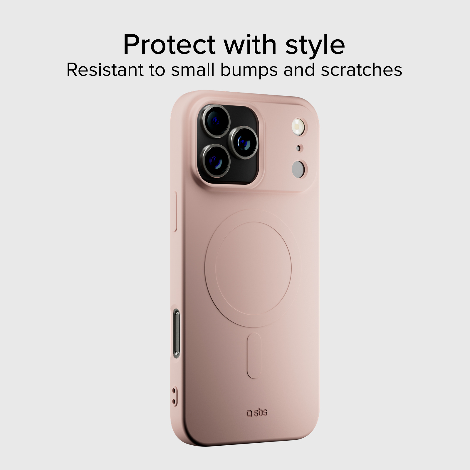 Una funda de teléfono rosa con un anillo MagSafe en la parte trasera sobre fondo claro, con texto protector arriba.