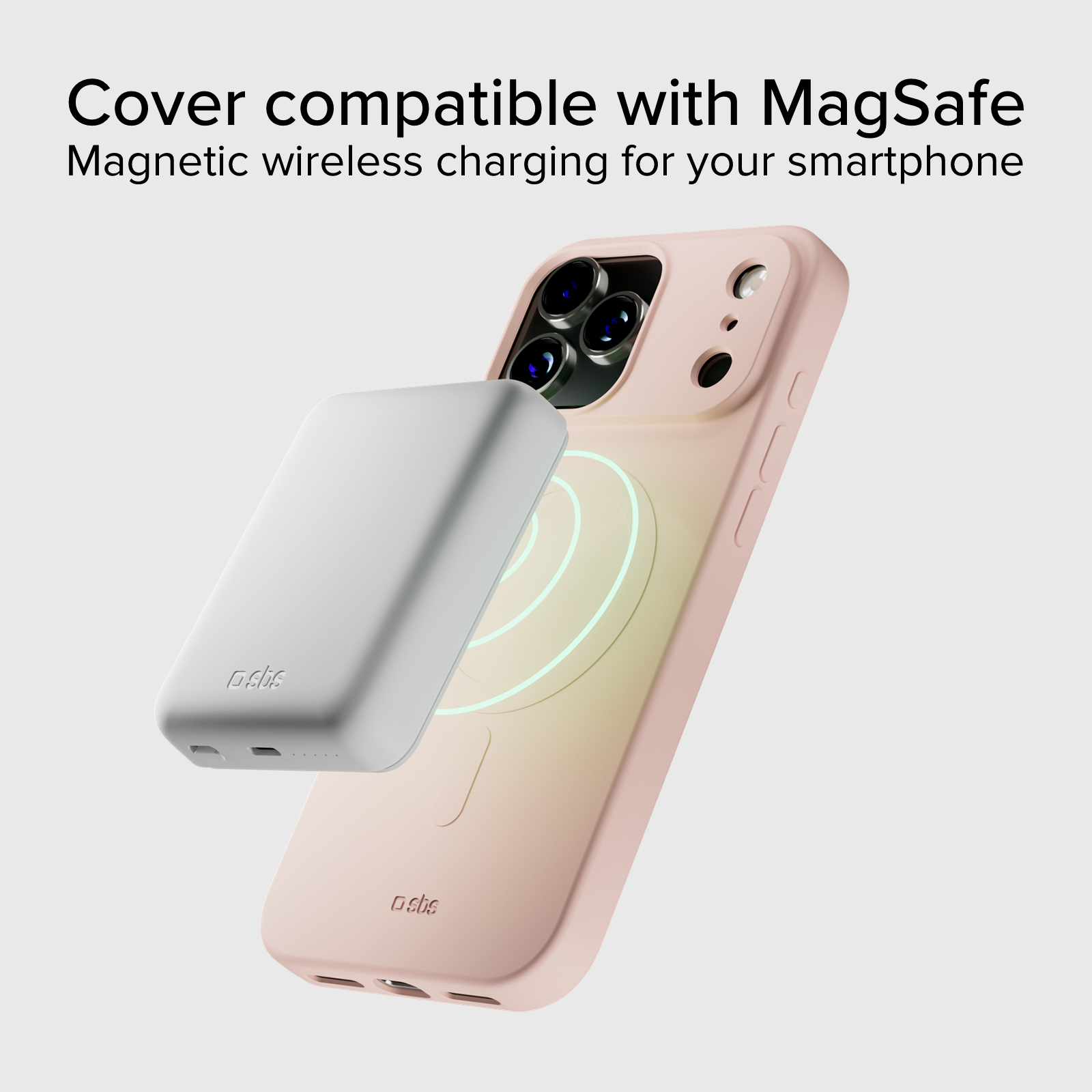 Una funda de móvil rosa con un cargador inalámbrico magnético flotando encima, mostrando círculos brillantes.