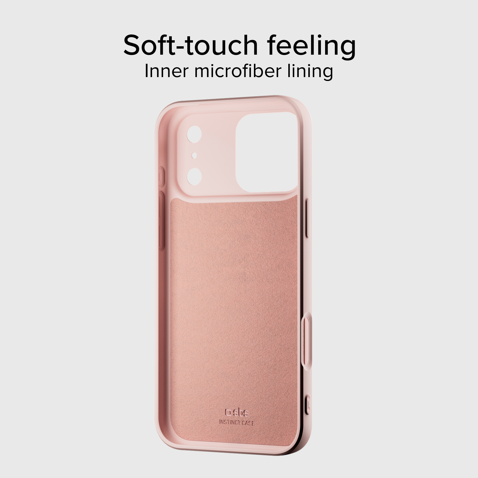 Funda rosa para smartphone con forro interior de microfibra suave y logo de la marca.