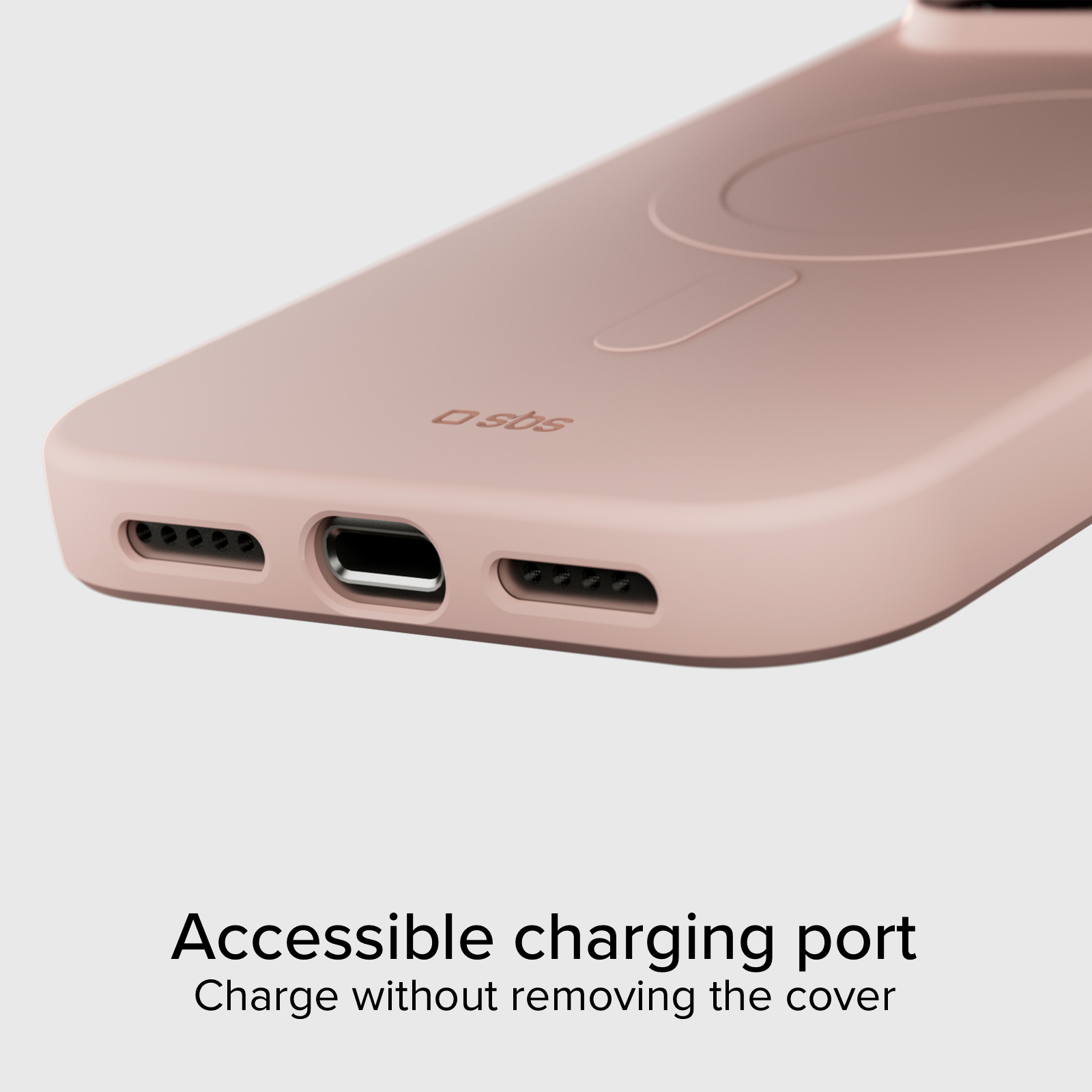 Funda de smartphone rosa con puerto de carga y texto.