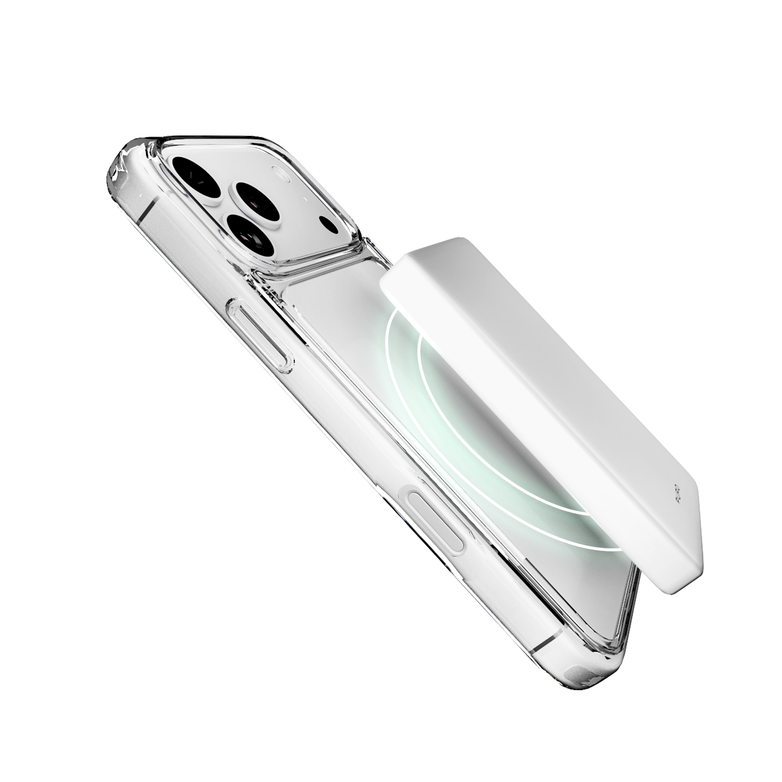 Un smartphone con funda transparente cargándose de forma inalámbrica con una batería magnética blanca.