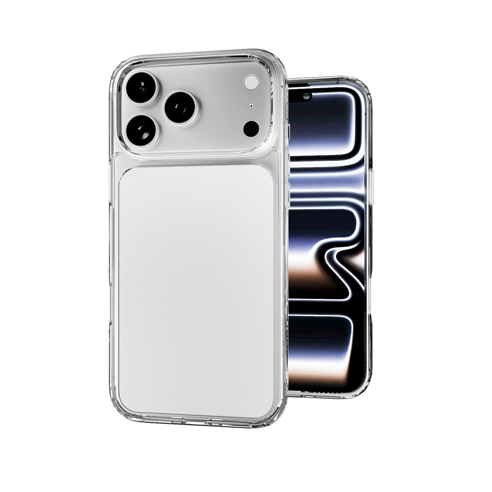 Dos smartphones en fundas protectoras transparentes sobre fondo blanco, uno mostrando la parte trasera y otro la frontal.
