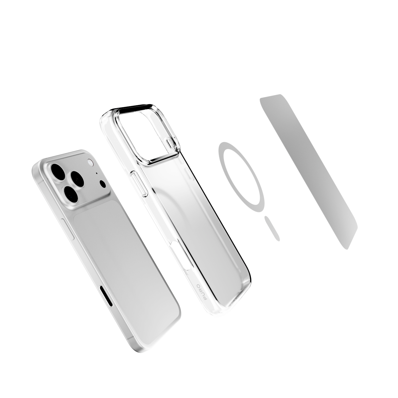 Vista explosionada de un smartphone, funda transparente, anillo magnético y protector de pantalla sobre fondo blanco.